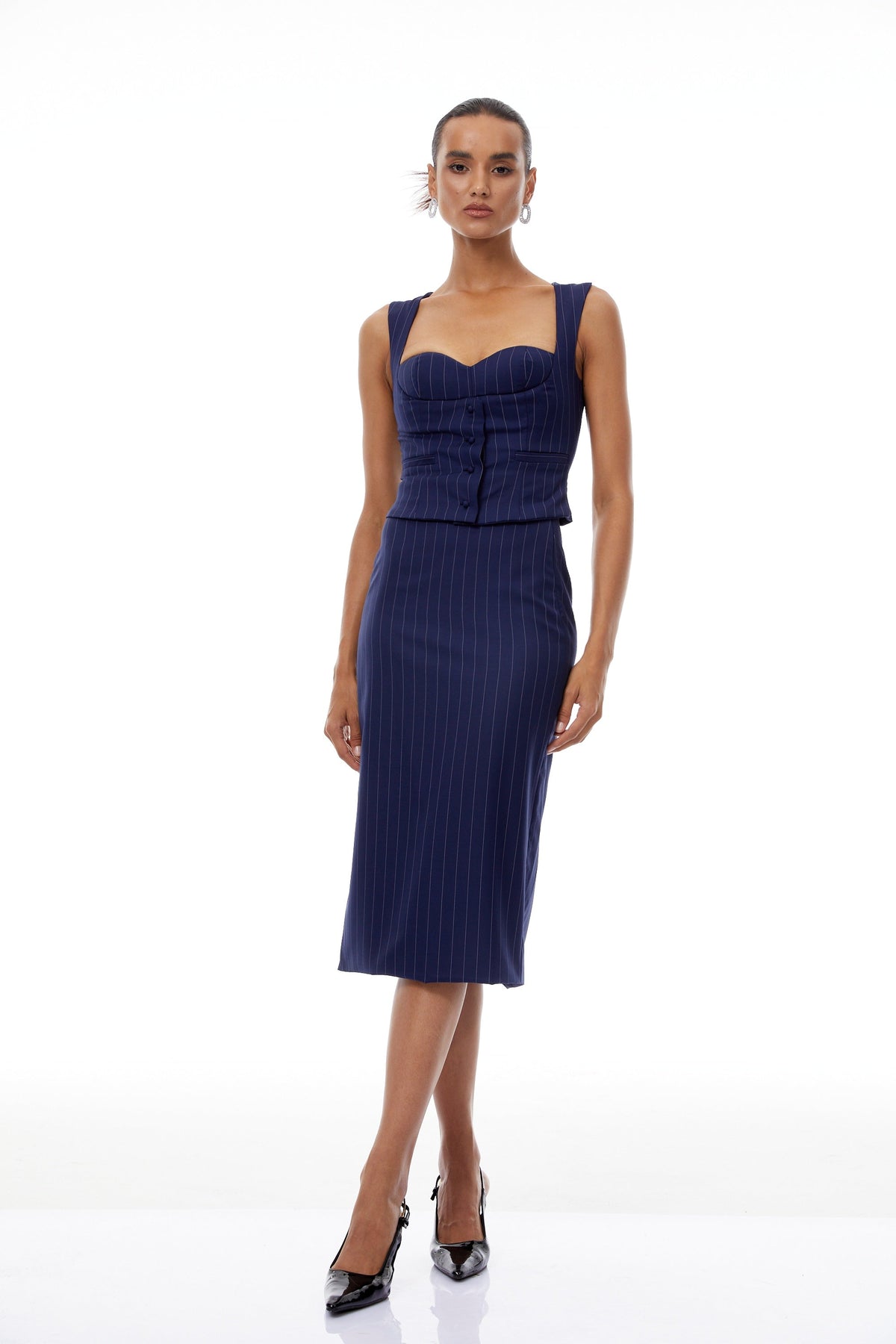 Aurianne Navy Blue Pinstriped Top & Skirt Set