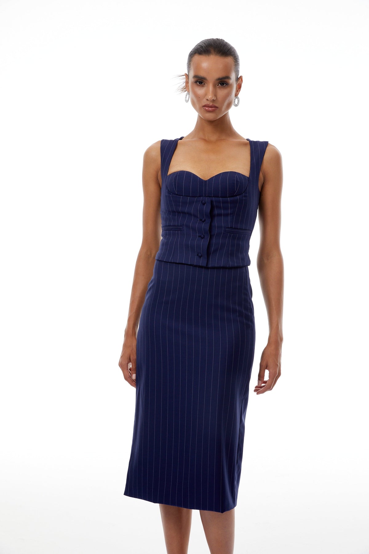 Aurianne Navy Blue Pinstriped Top & Skirt Set