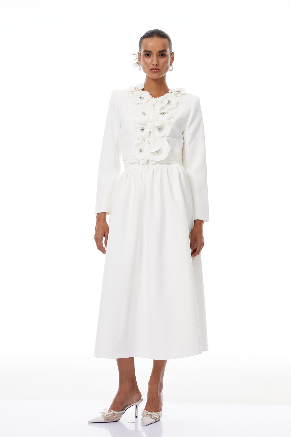 Élodie White Floral Appliqué Jacket & Skirt Set - white set