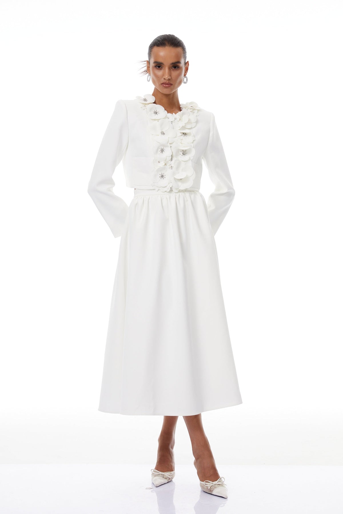 Élodie White Floral Appliqué Jacket & Skirt Set
