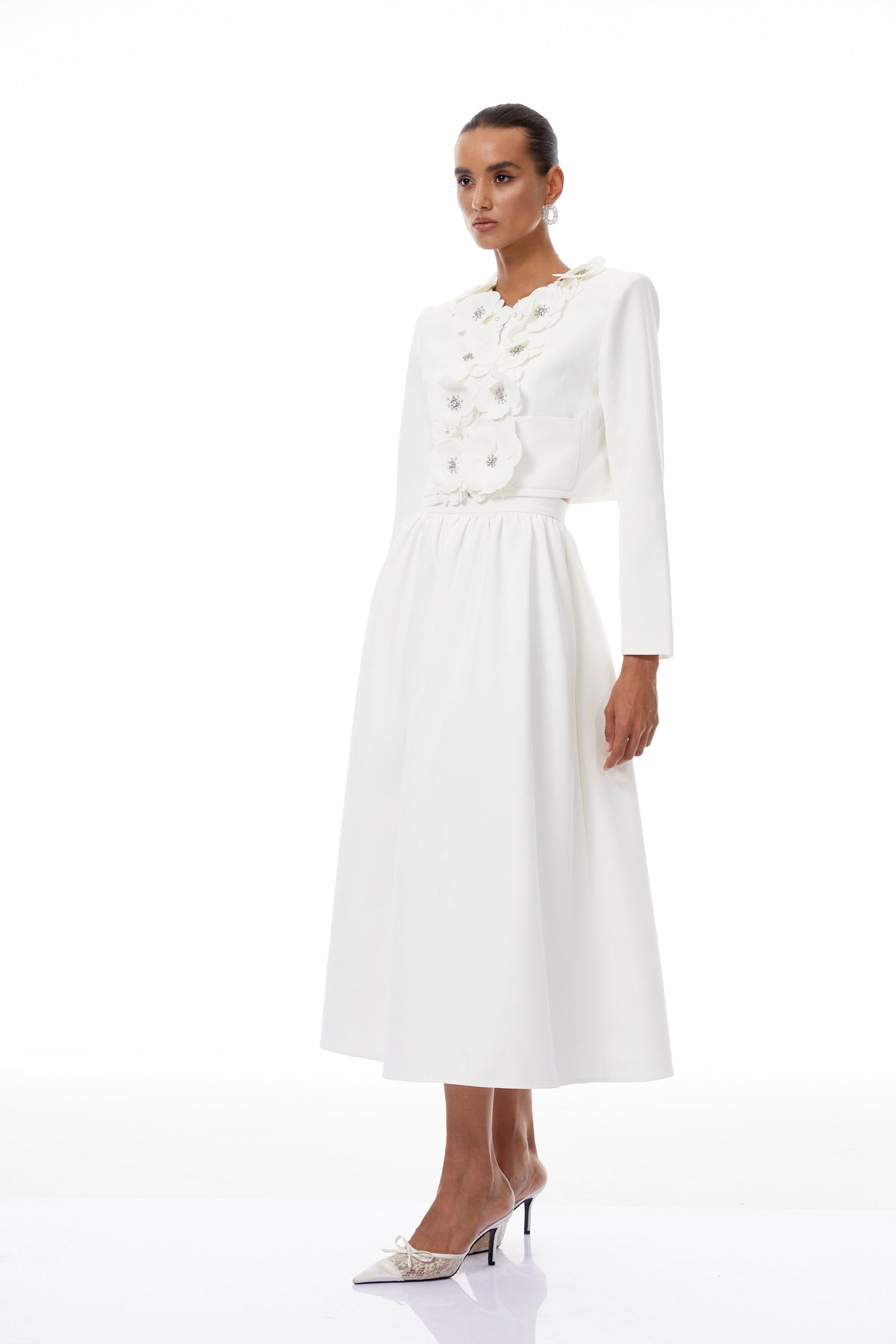 Élodie White Floral Appliqué Jacket & Skirt Set - White