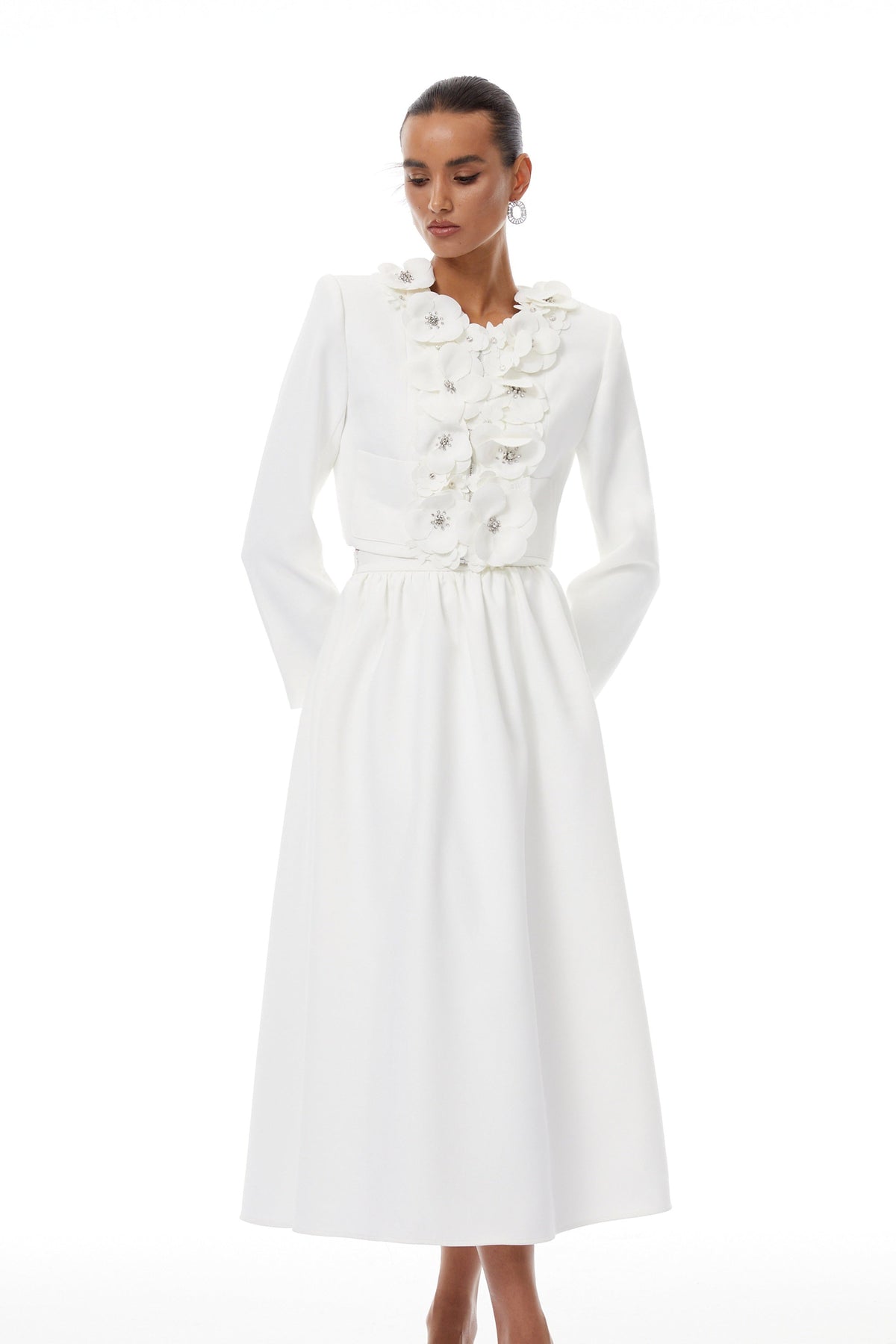 Élodie White Floral Appliqué Jacket & Skirt Set - White