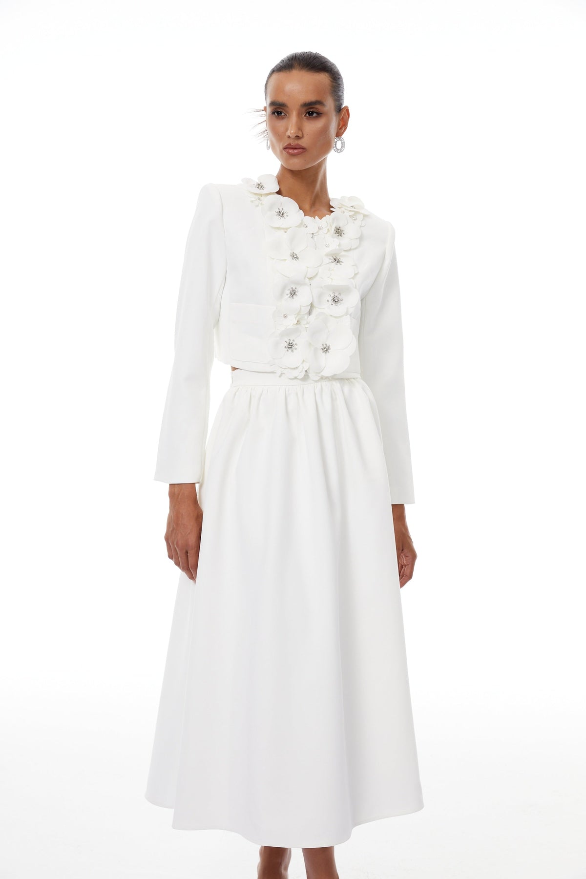 Élodie White Floral Appliqué Jacket & Skirt Set - White
