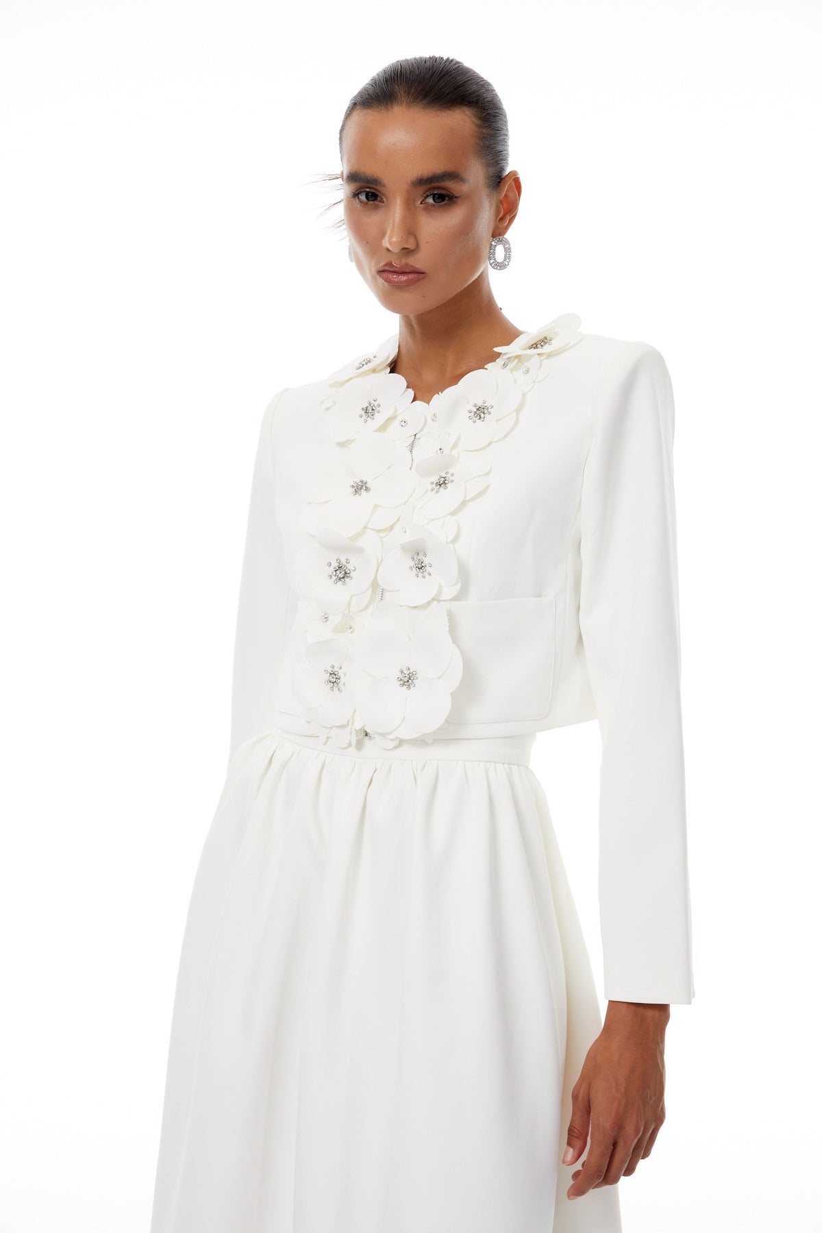 Élodie White Floral Appliqué Jacket & Skirt Set - white set