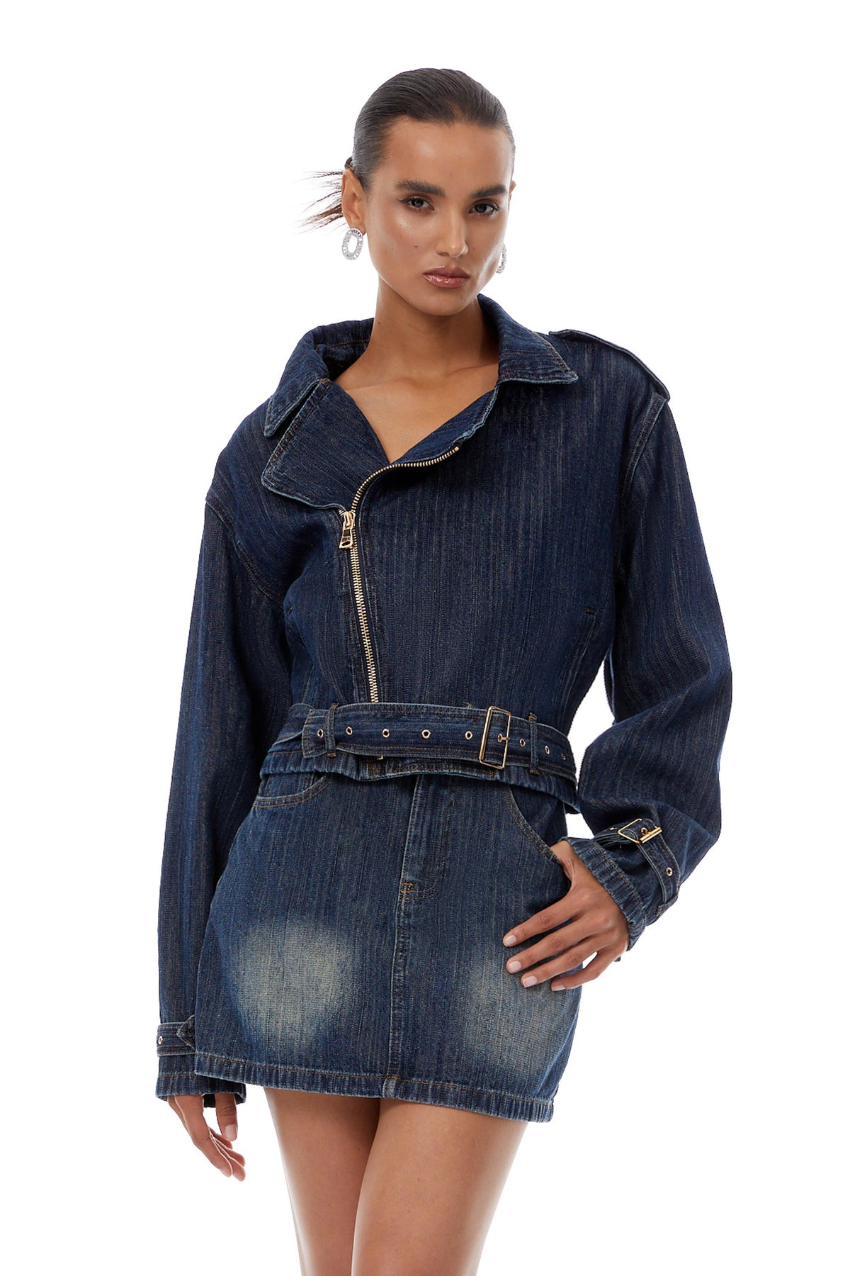 Solène Blue Denim Biker Jacket & Skirt Set - Blue