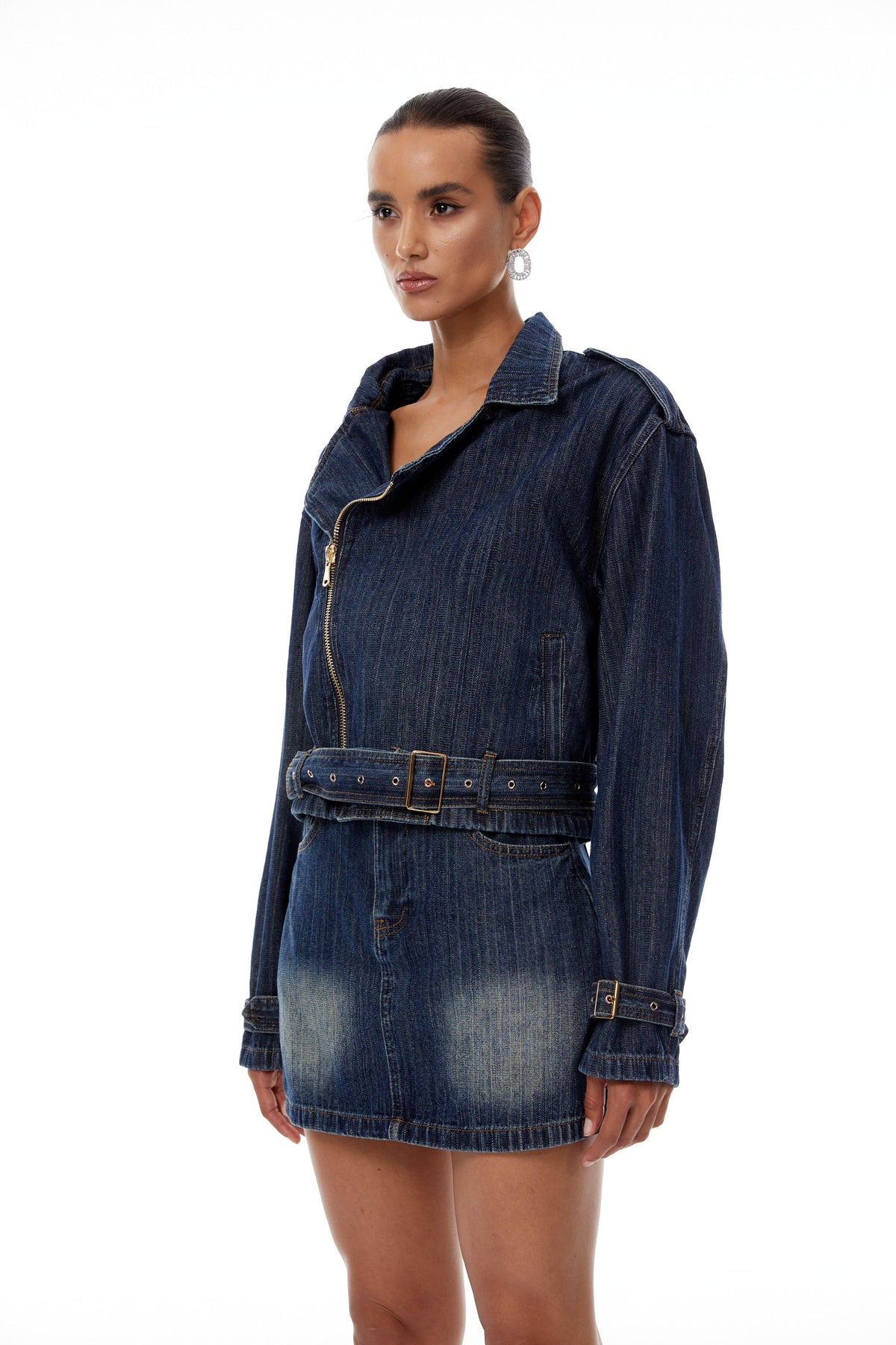 Solène Blue Denim Biker Jacket & Skirt Set