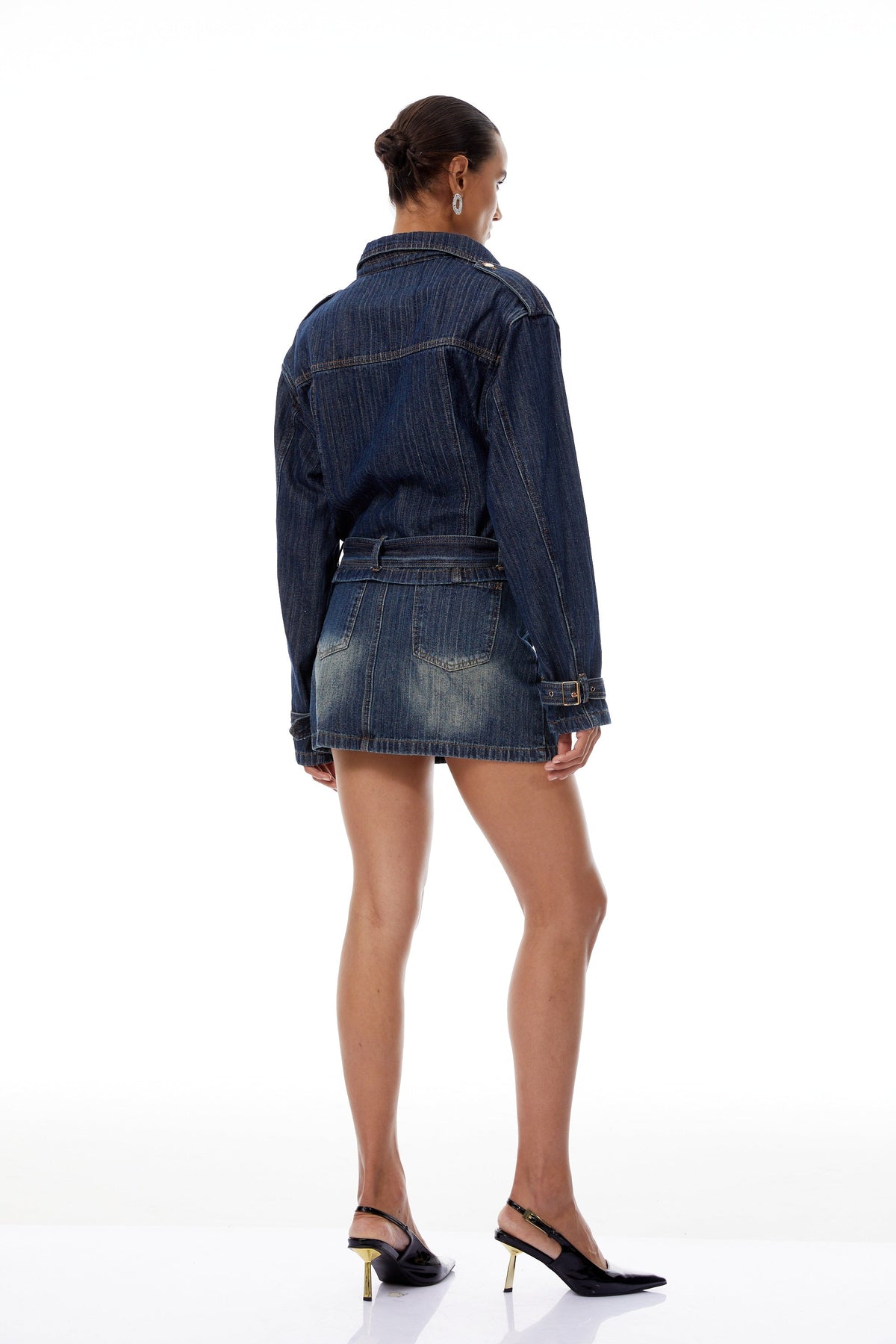 Solène Blue Denim Biker Jacket & Skirt Set - Blue