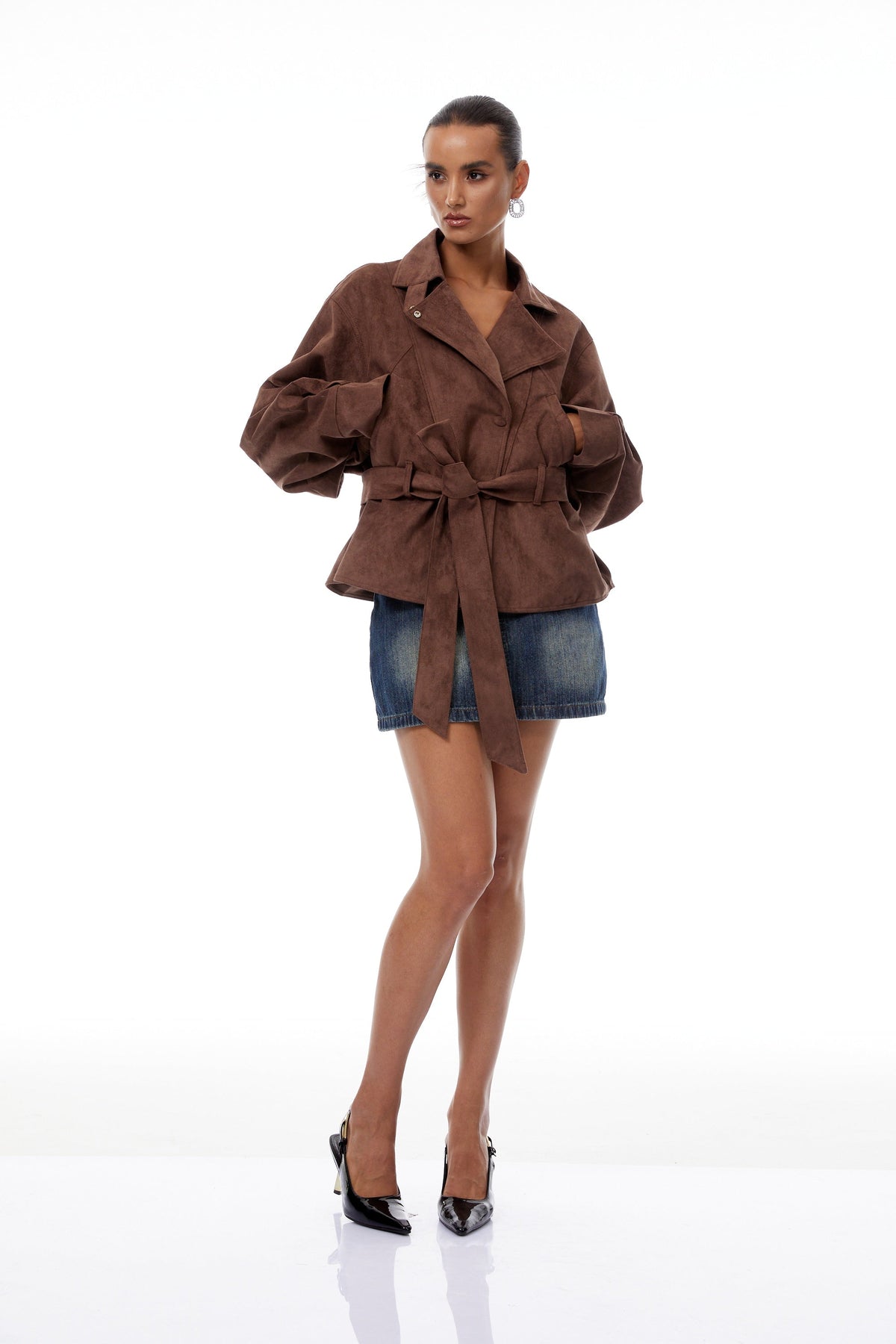 Aveline Brown Belted Suede Biker Jacket