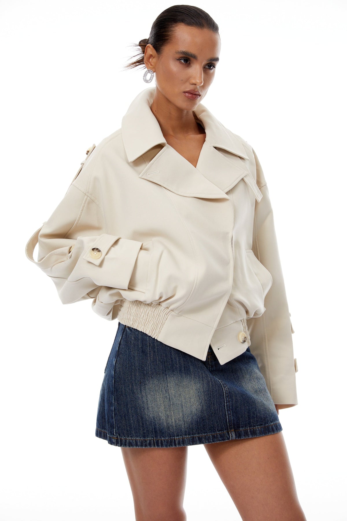 Panna Neutral Smocked Hem Biker Jacket