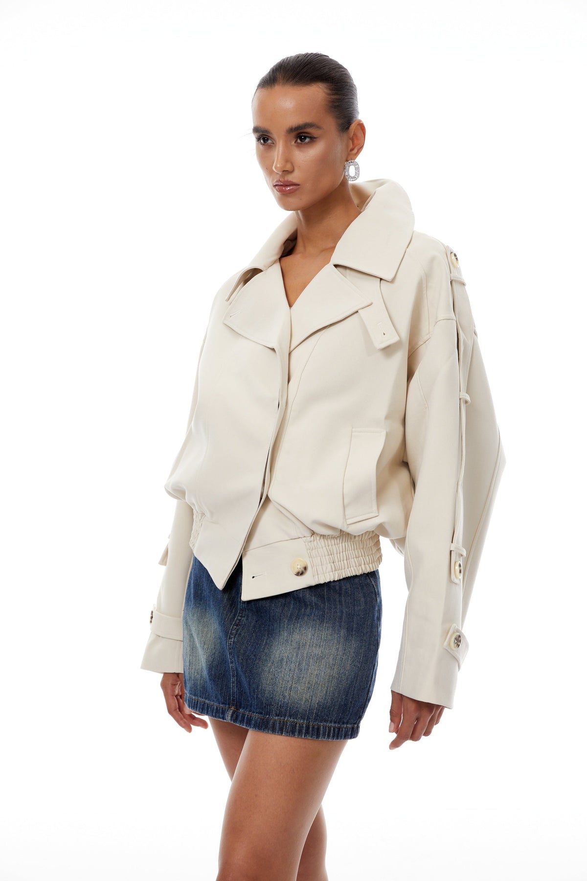 Panna Neutral Smocked Hem Biker Jacket