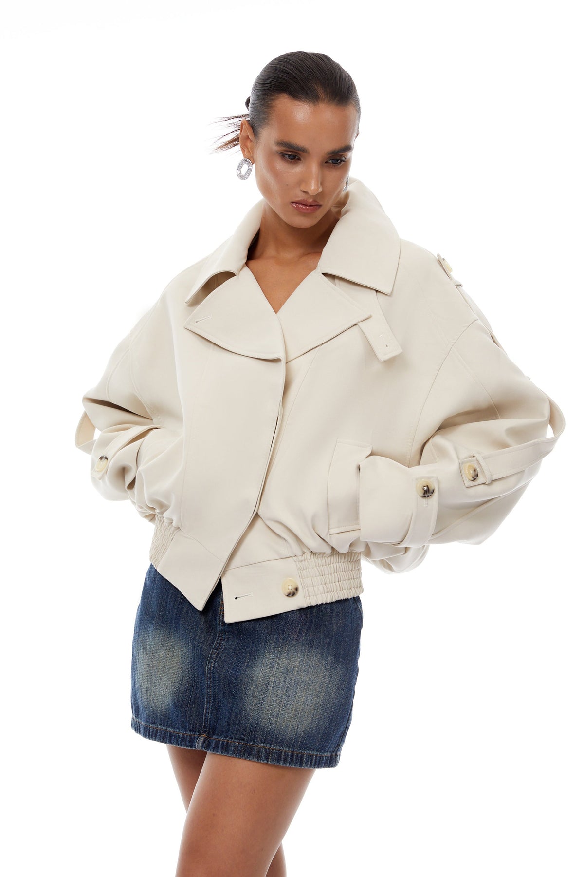 Panna Neutral Smocked Hem Biker Jacket - cream white