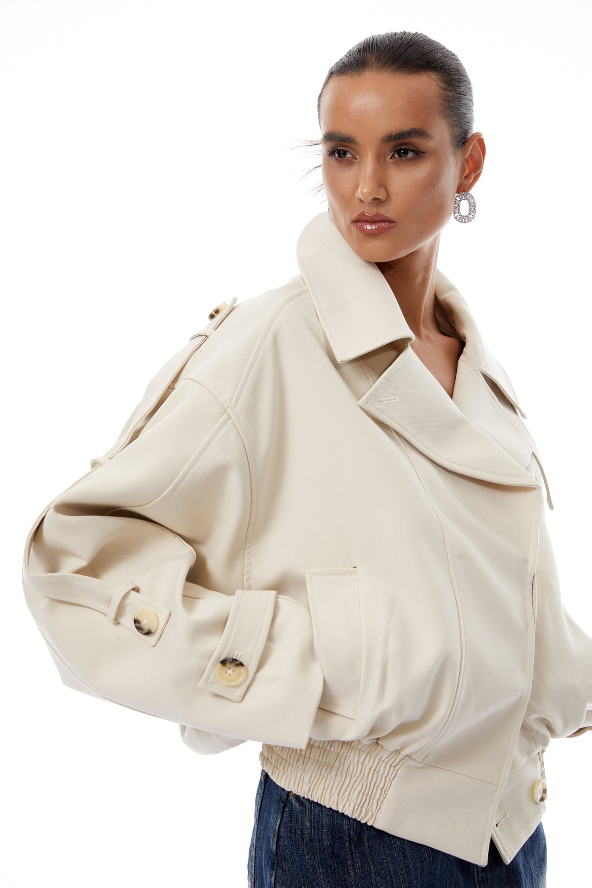 Panna Neutral Smocked Hem Biker Jacket - cream white