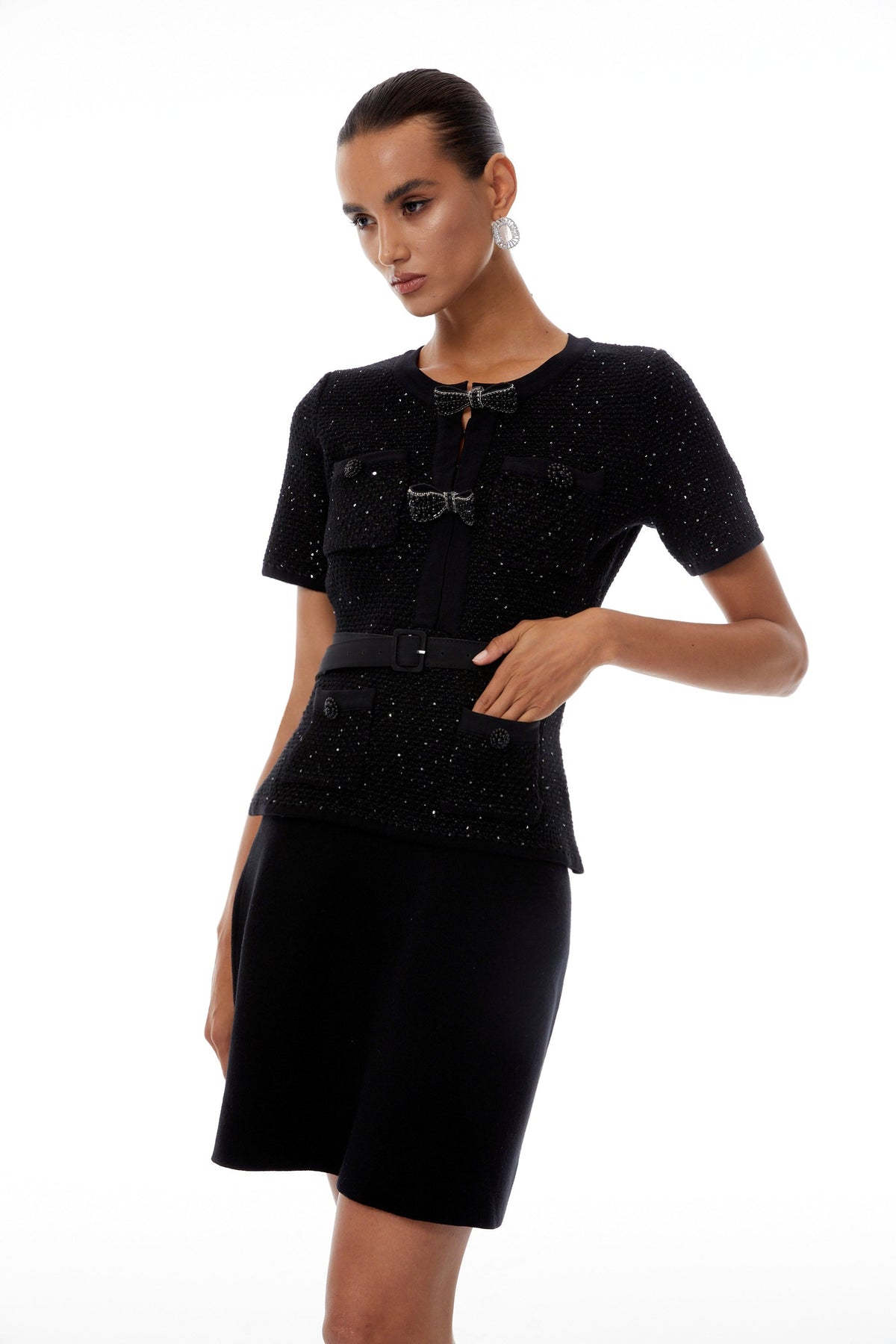 Hélène Black Sequined Knit Top & Skirt Set