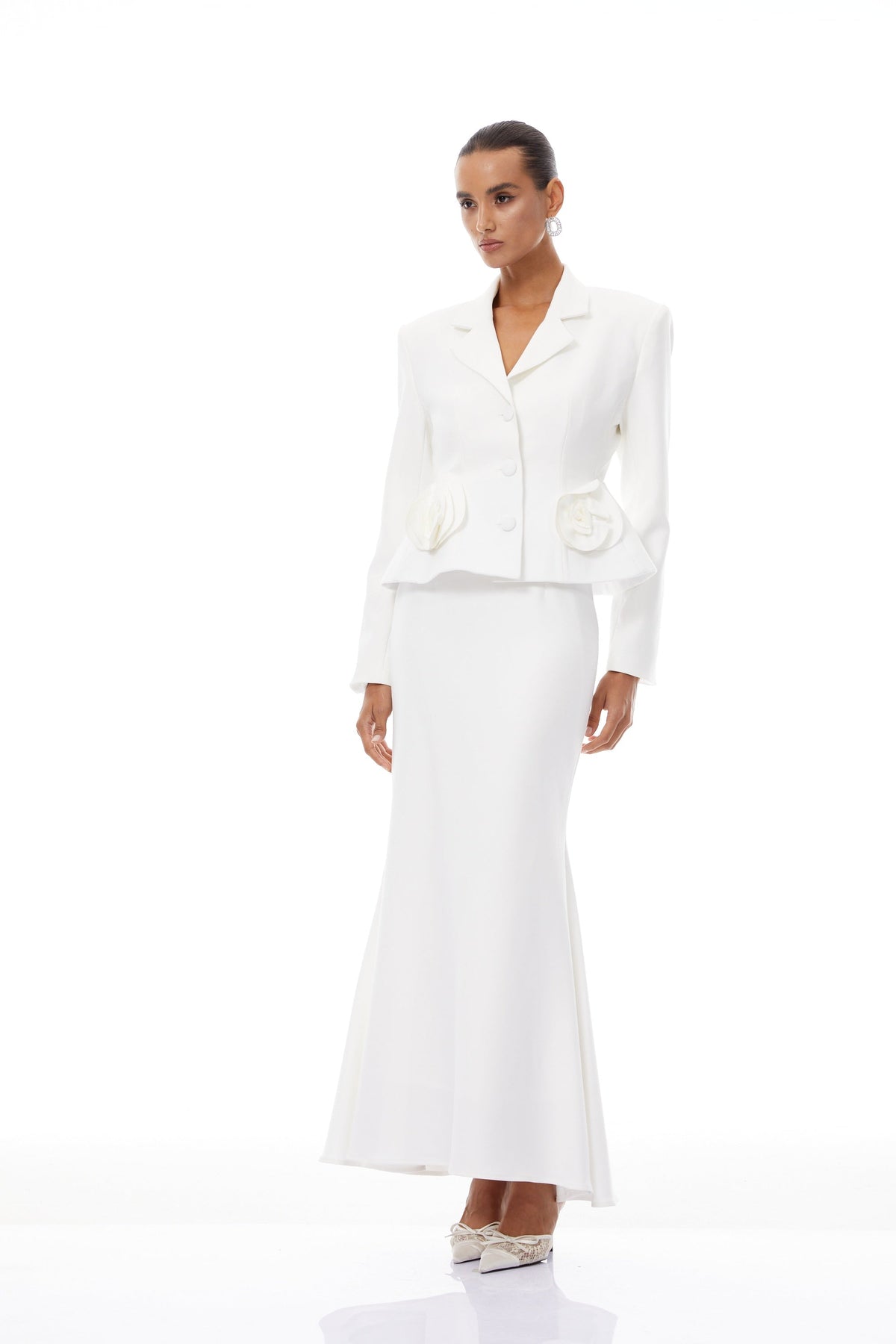 Odette White 3D Petal Blazer & Skirt Set - White