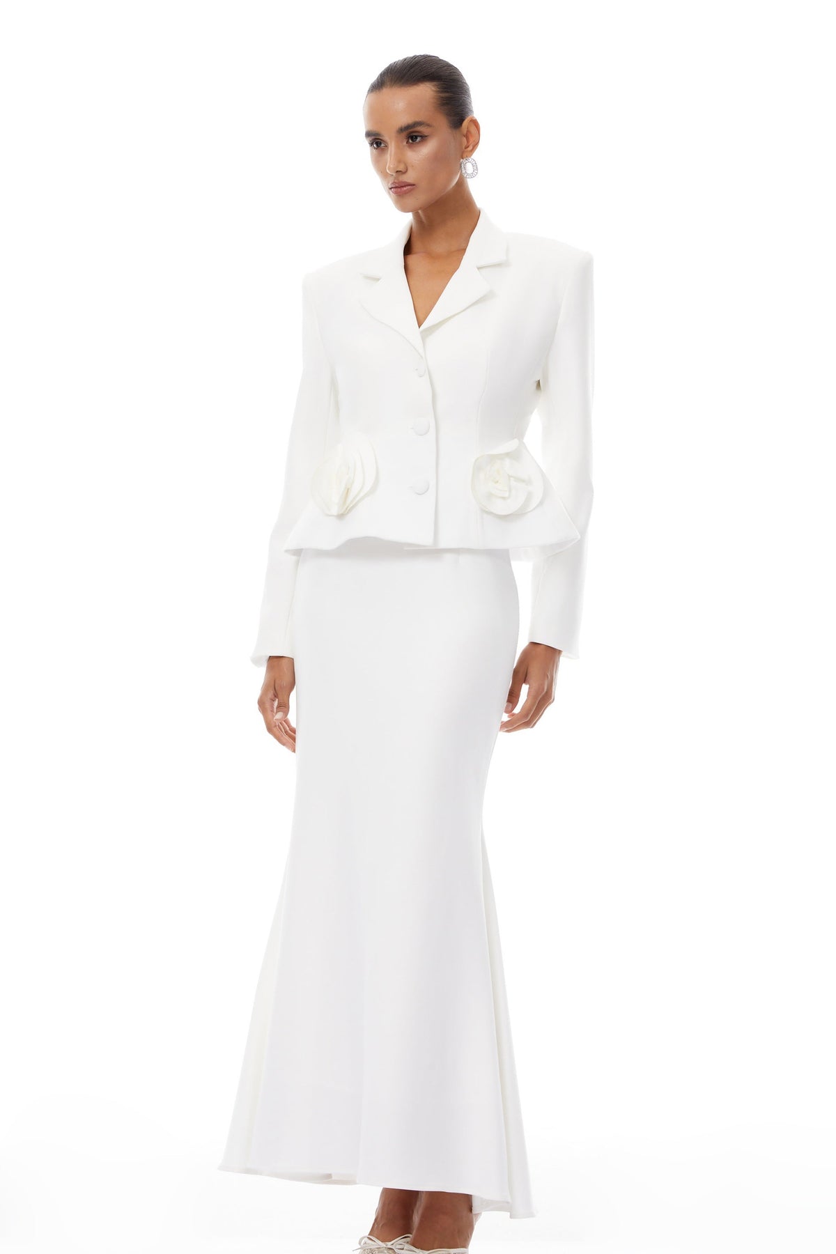 Odette White 3D Petal Blazer & Skirt Set - White