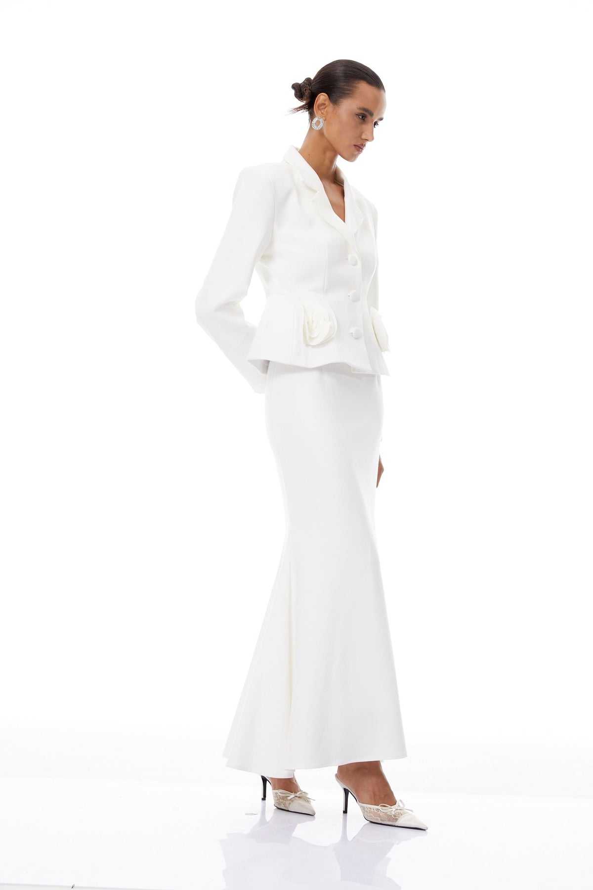 Odette White 3D Petal Blazer & Skirt Set - White