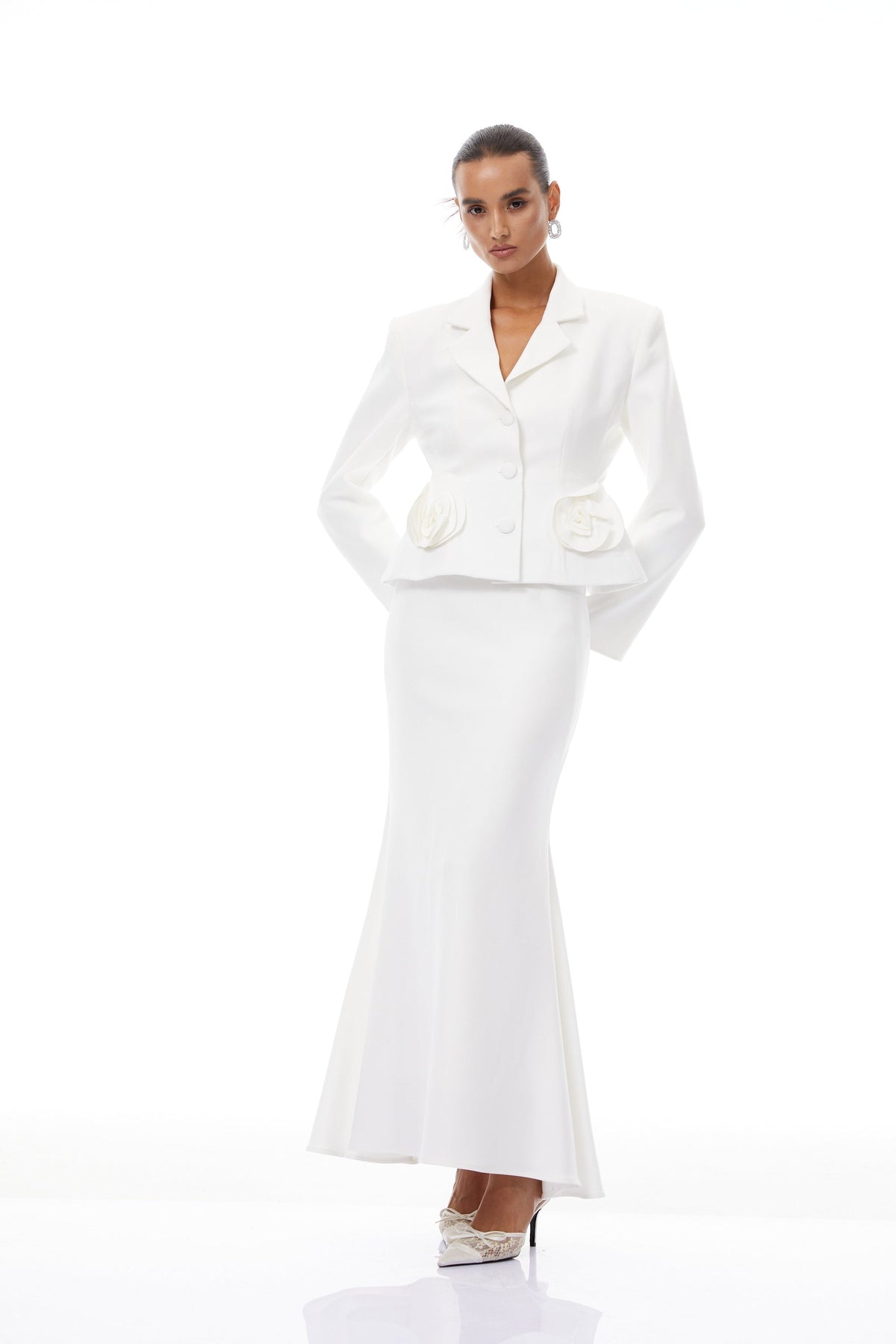 Odette White 3D Petal Blazer & Skirt Set - White