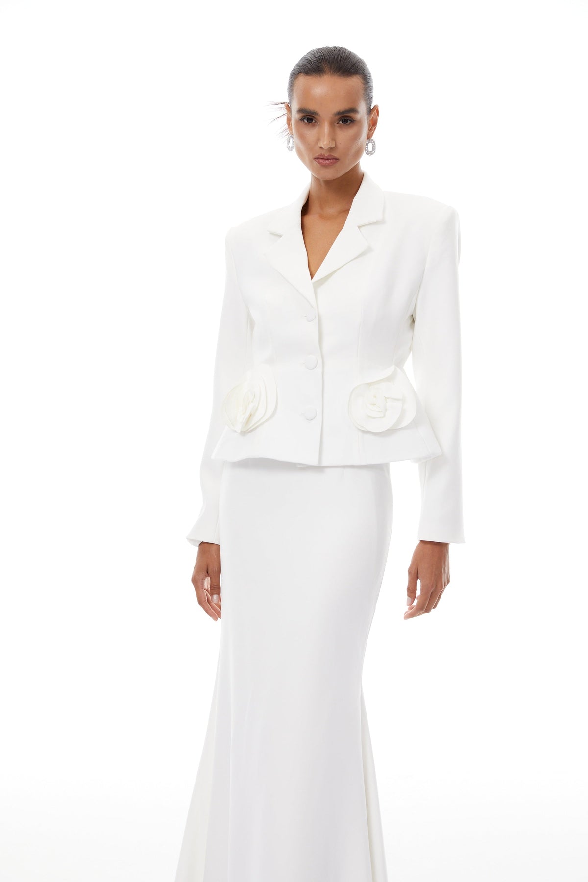 Odette White 3D Petal Blazer & Skirt Set - White