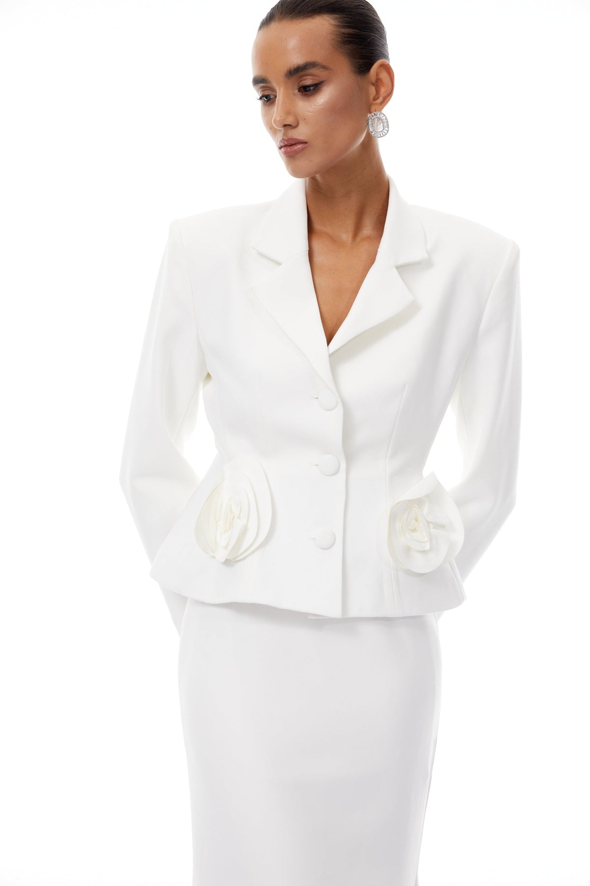 Odette White 3D Petal Blazer & Skirt Set