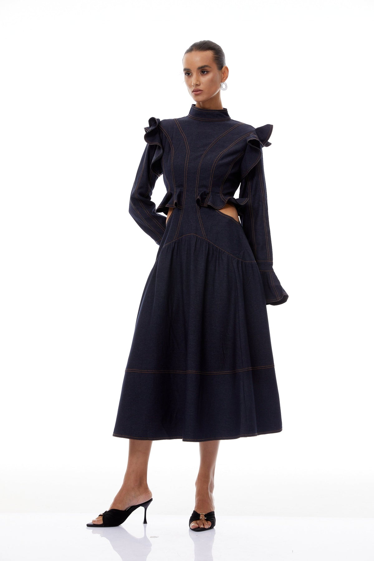 Wilhelmine Indigo Blue Ruffled Denim Midi Dress
