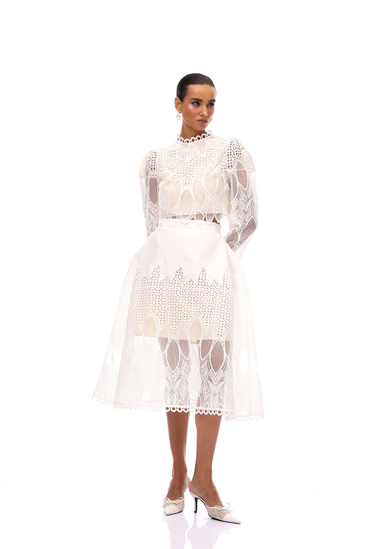 Anett White Corded Lace Blouse & Skirt Set