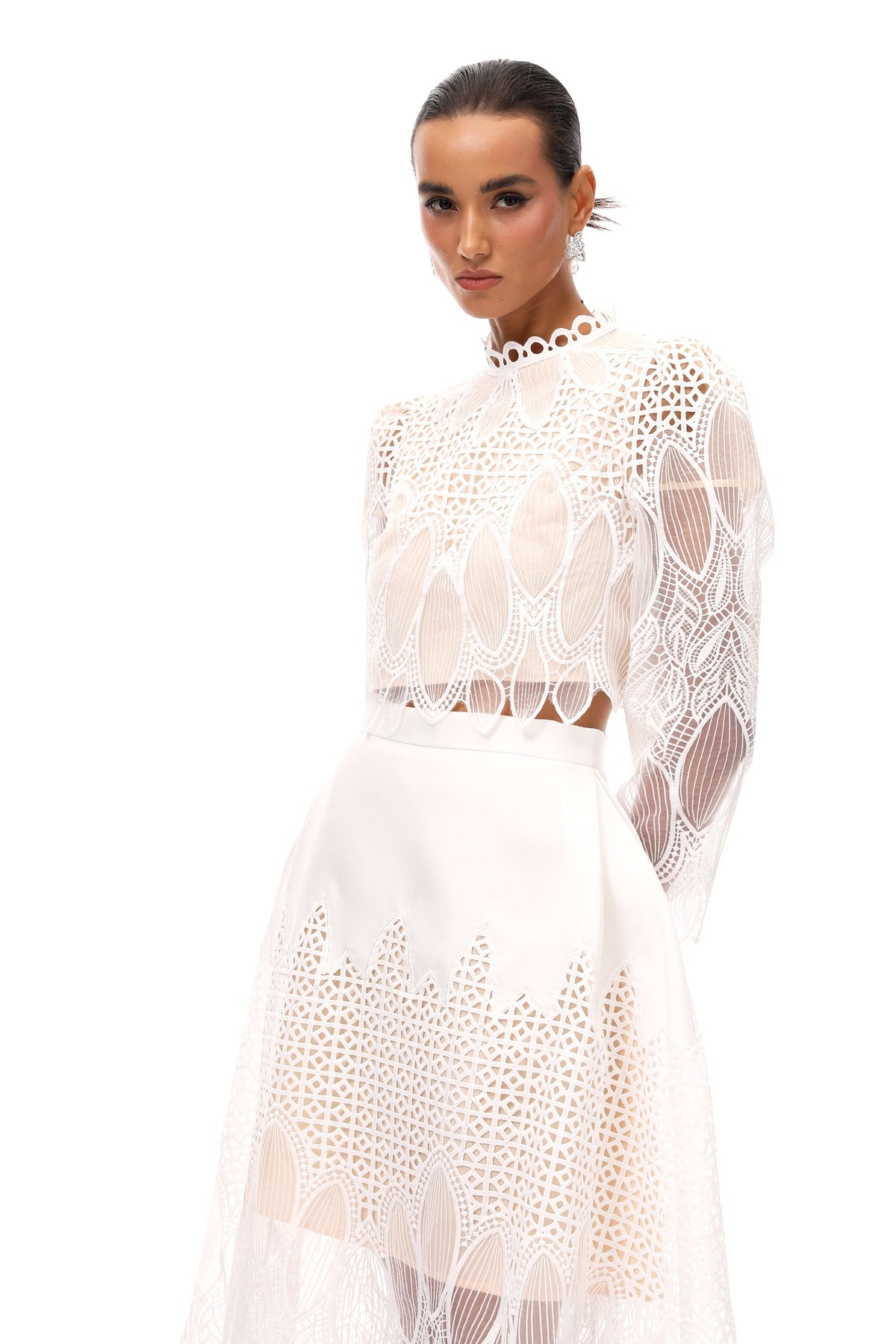 Anett White Corded Lace Blouse & Skirt Set