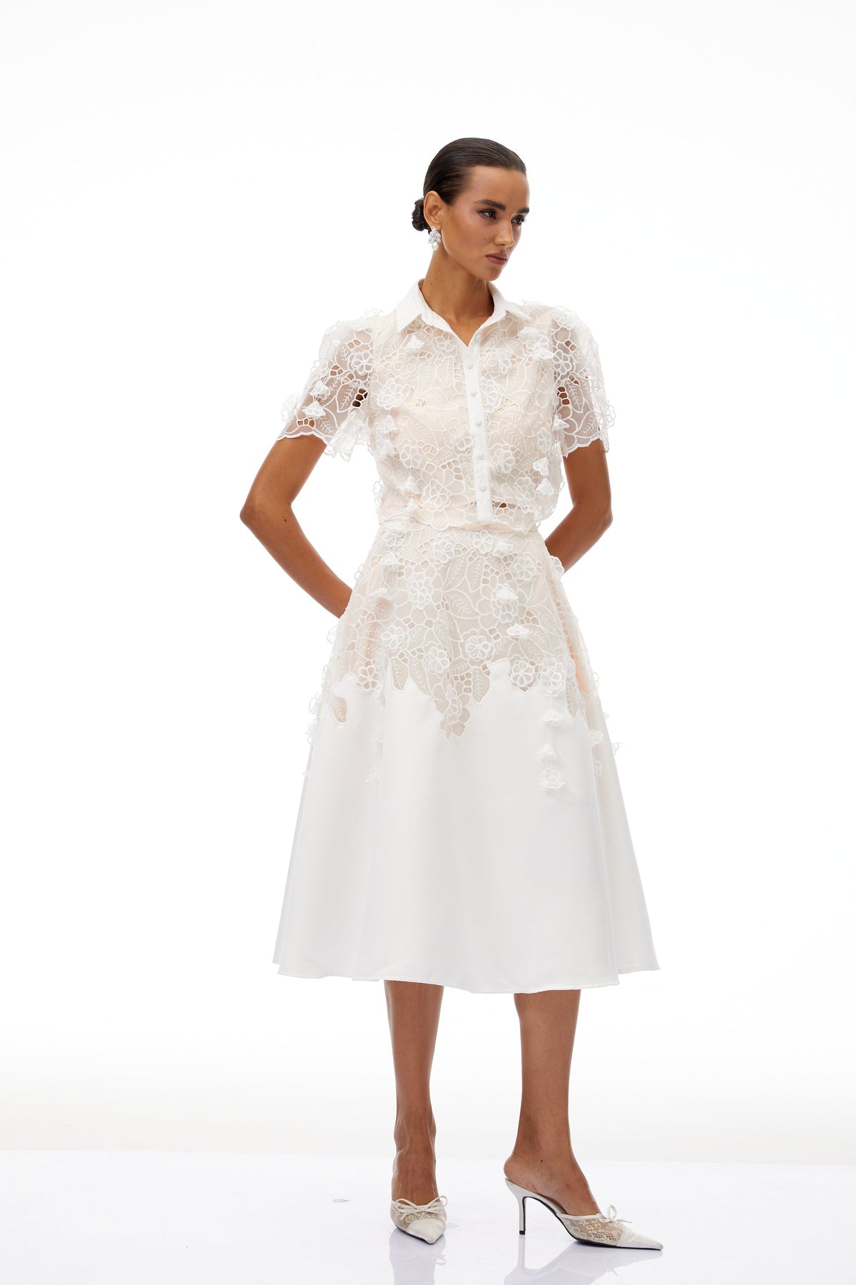 Annamária White Corded Lace Top & Skirt Set