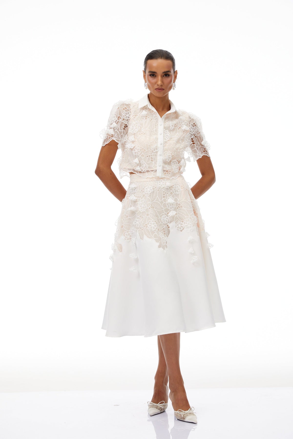 Annamária White Corded Lace Top & Skirt Set