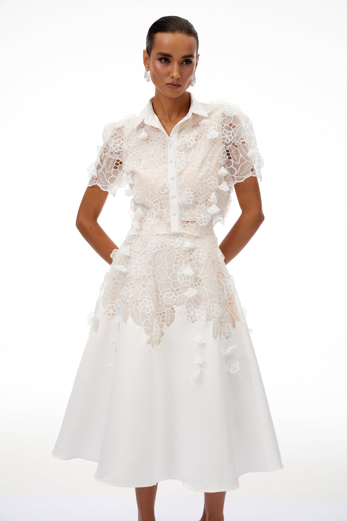Annamária White Corded Lace Top & Skirt Set