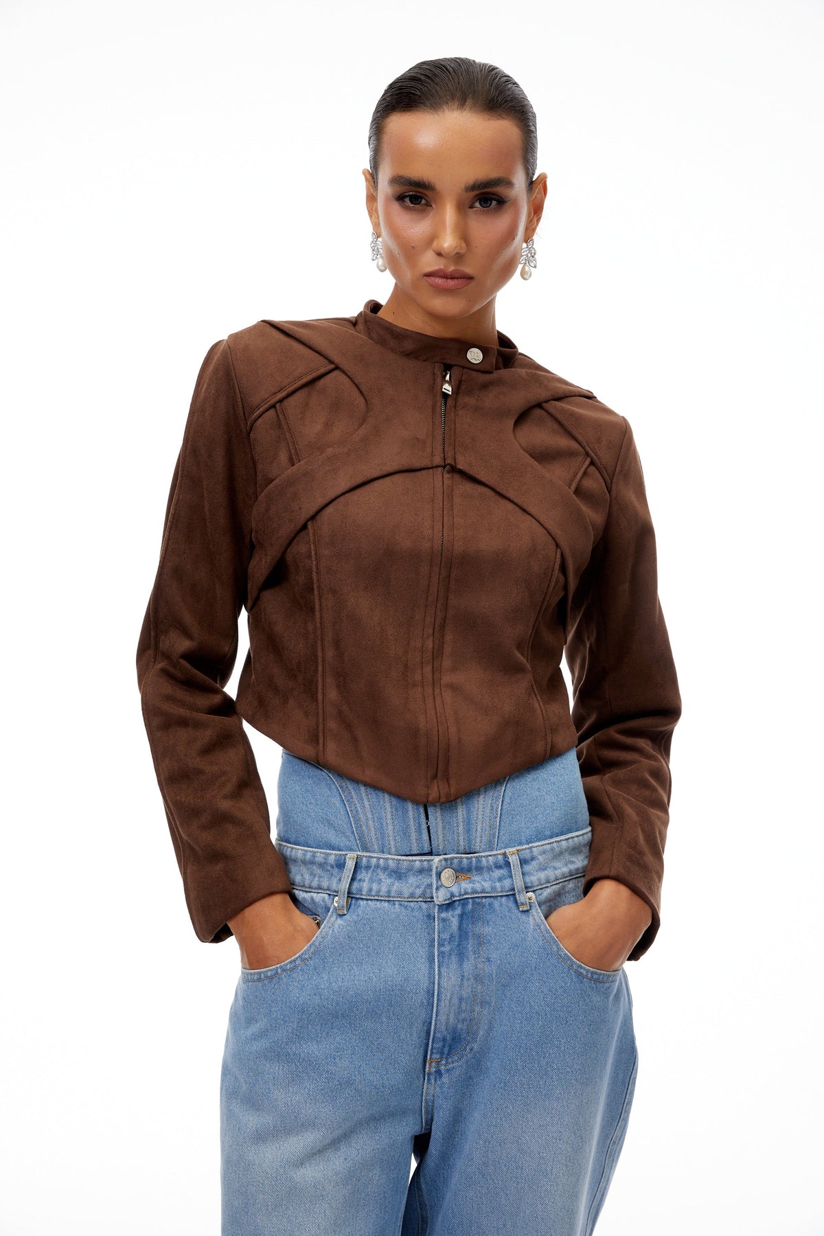 Honorine Brown Suede Crop Biker Jacket