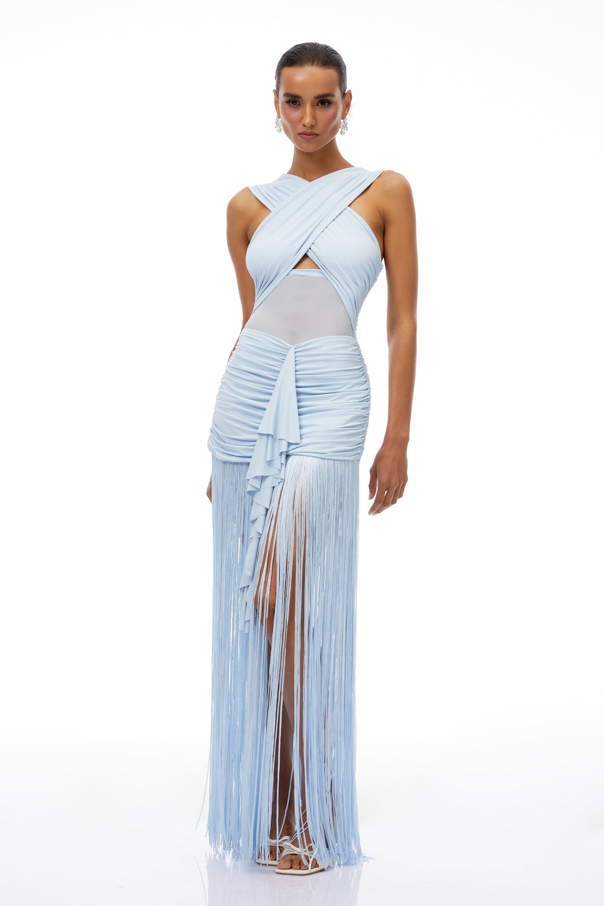 Bernadett Blue Fringed Ruched Maxi Dress