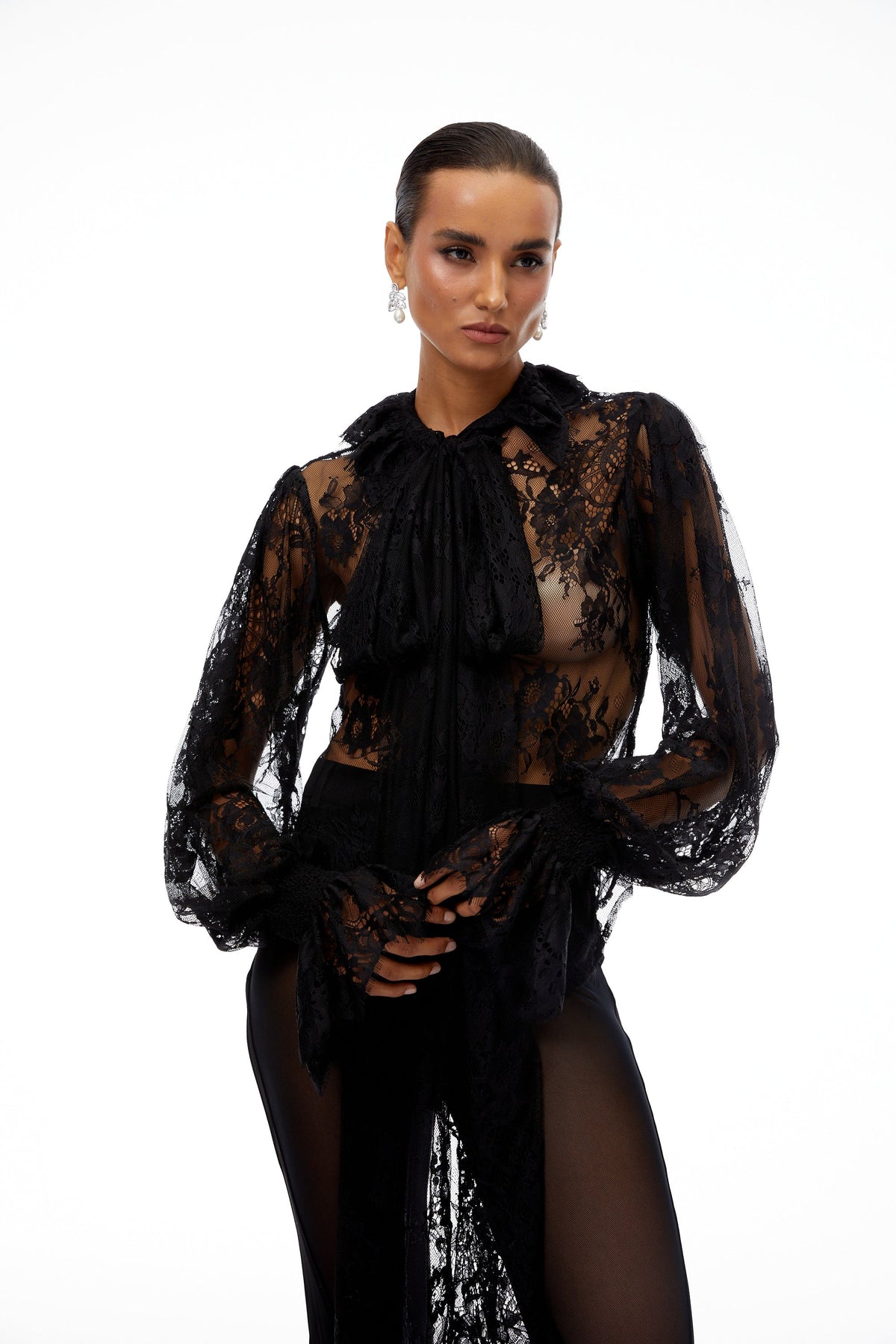 Quintine Black Ribbon Tie-Neck Floral Lace Blouse