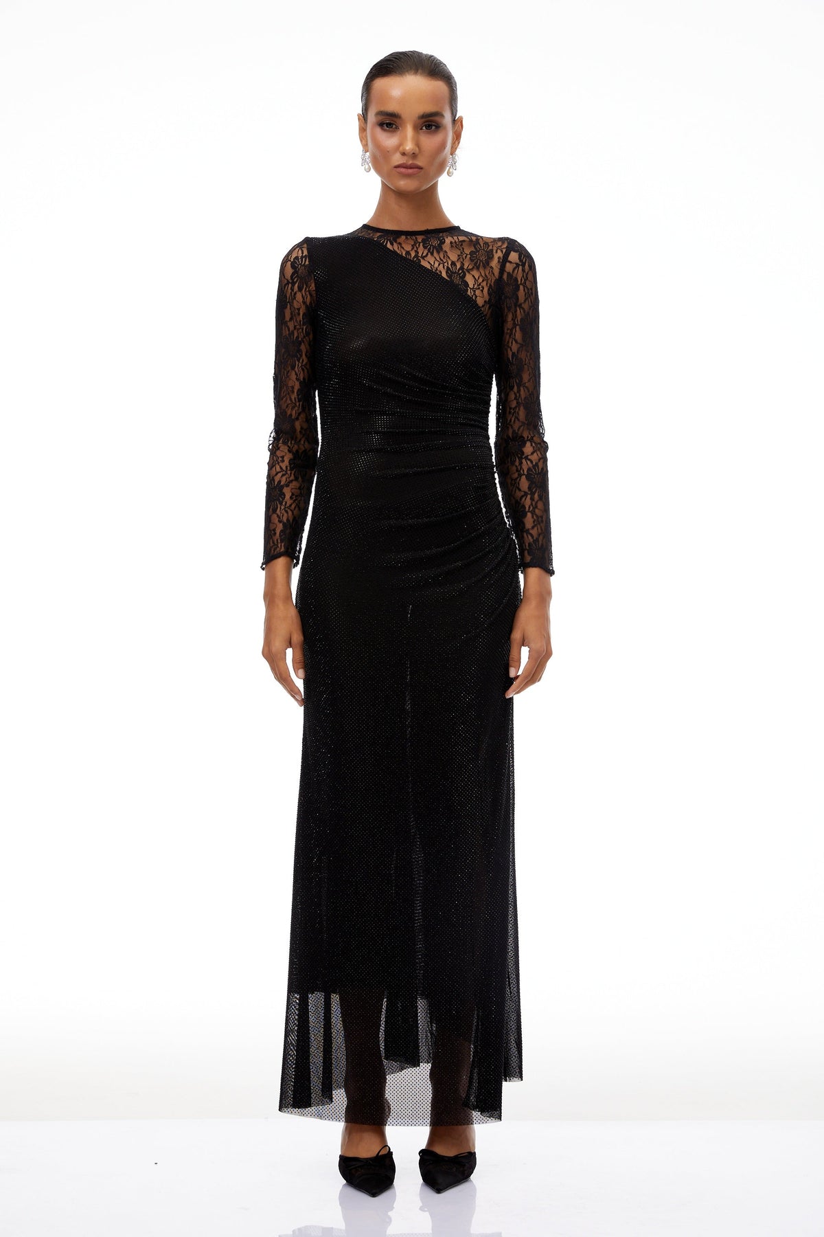 Rocío Black Lace Panel Rhinestone Maxi Dress