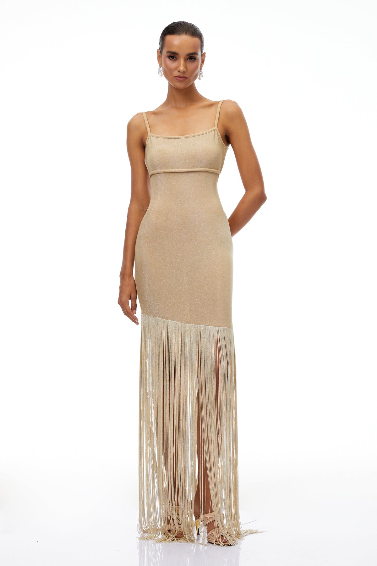 Cătălina Khaki Fringed Knit Maxi Dress