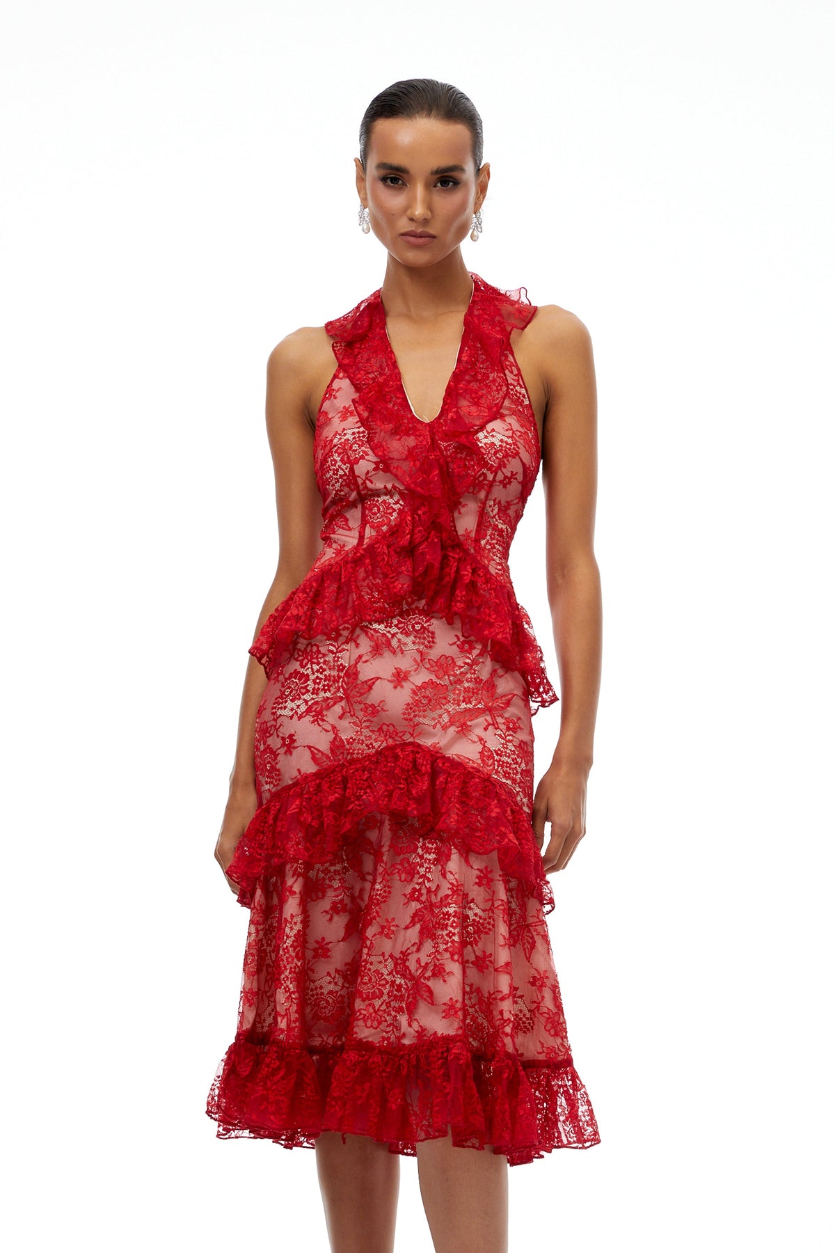 Wilhemine Red Ruffled Floral Lace Midi Dress