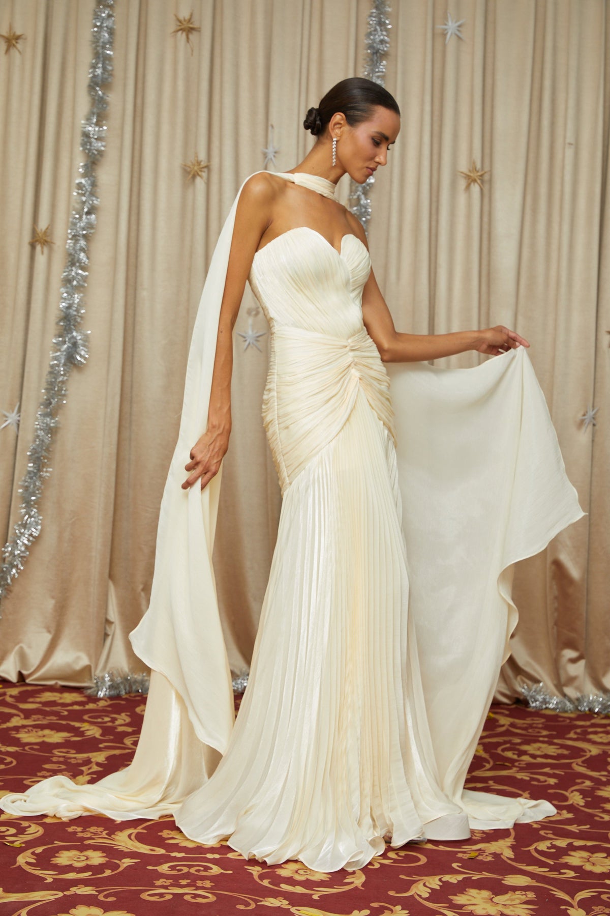 Roxane Yellow Cinched Waist Ruched Maxi Dress