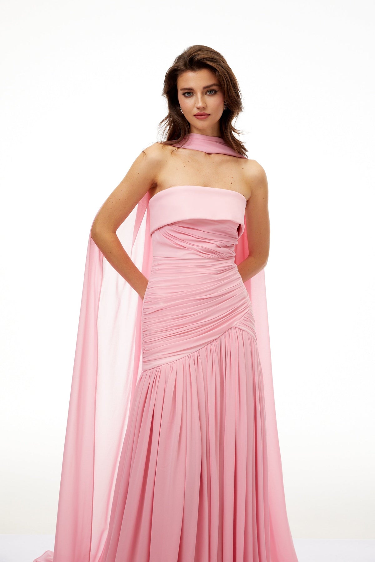 Laetitia Pink Pleated Train Ruched Maxi Dress