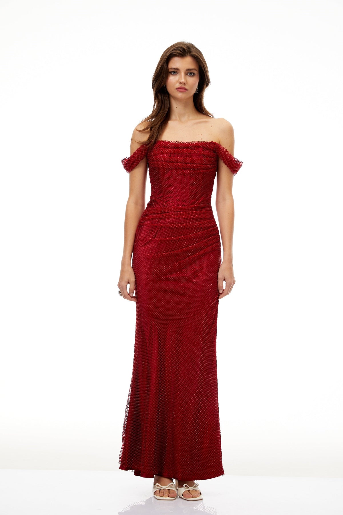 Scarlet Red Off-Shoulder Rhinestone Evening Gown