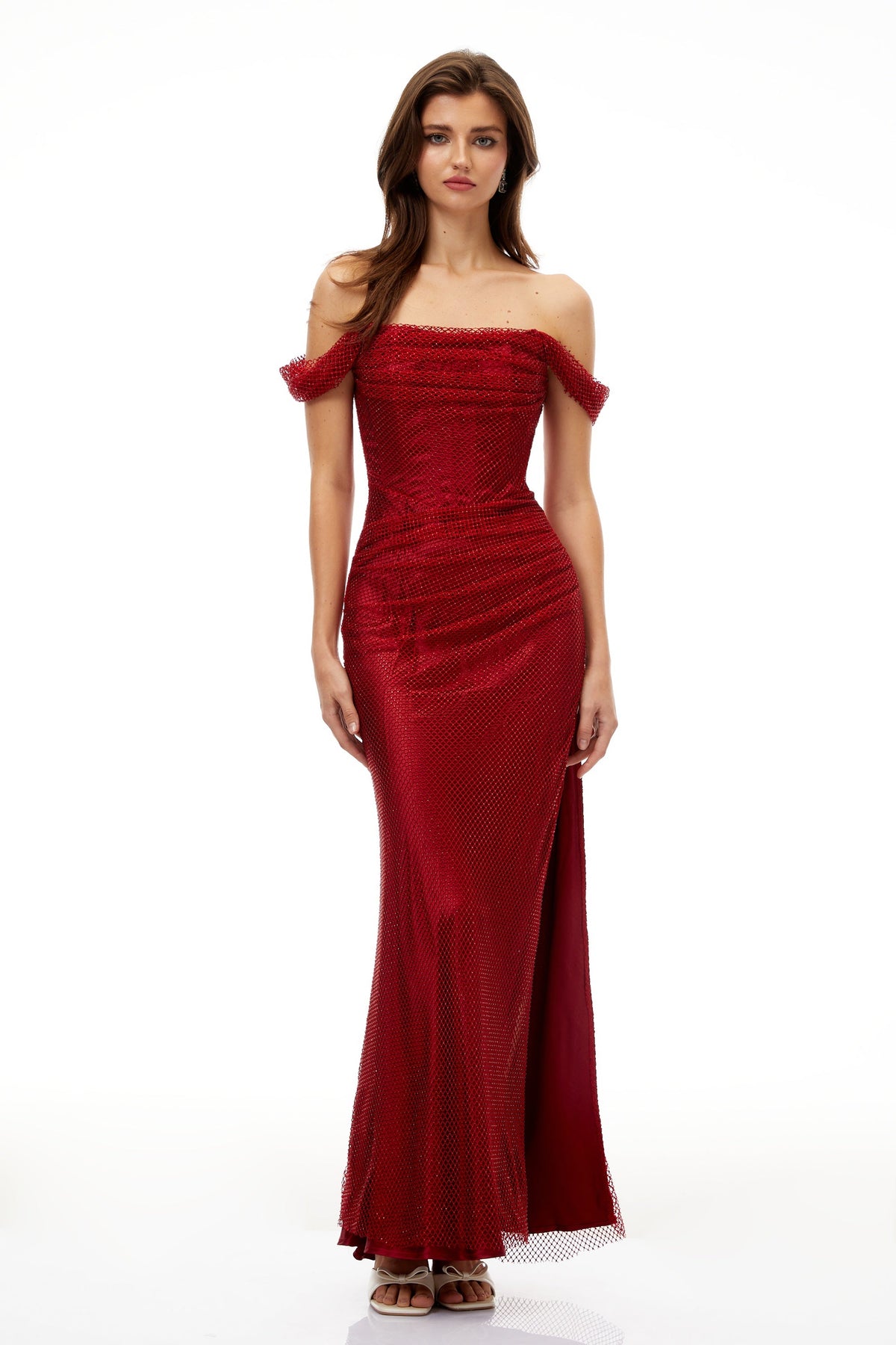 Scarlet Red Off-Shoulder Rhinestone Evening Gown