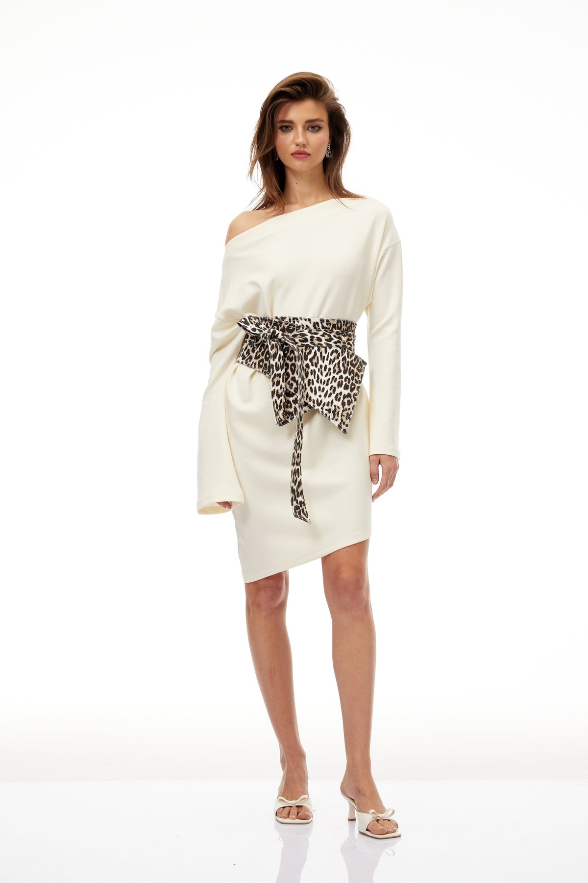 Gerta White Leopard Waistband Asymmetrical Mini Dress