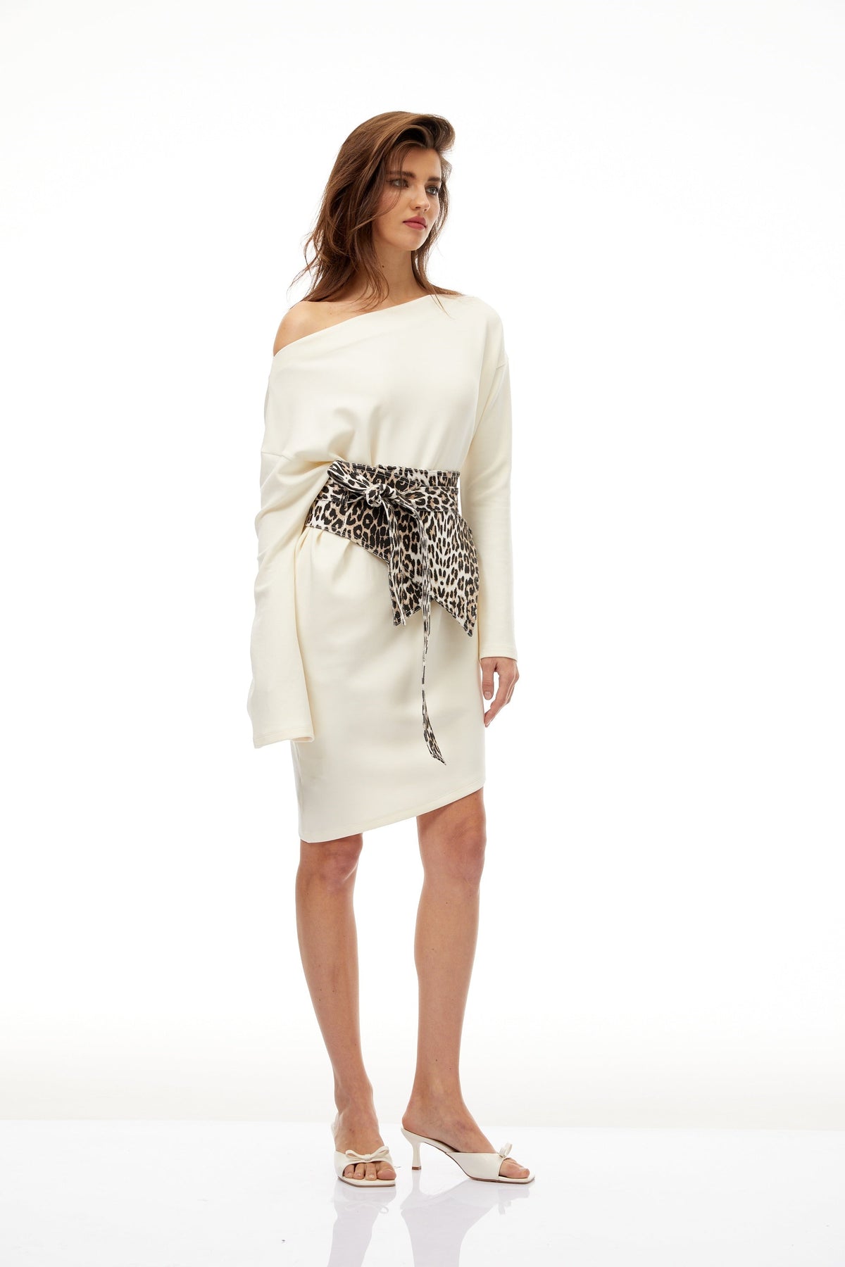 Gerta White Leopard Waistband Asymmetrical Mini Dress