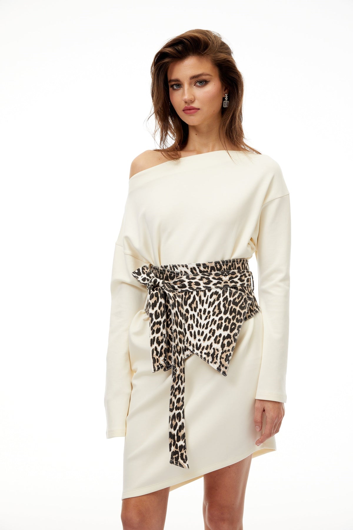 Gerta White Leopard Waistband Asymmetrical Mini Dress