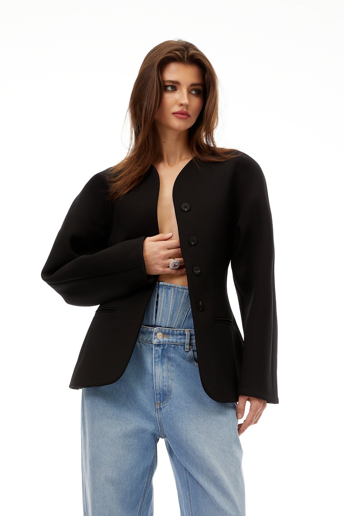 Consuelo Black Collarless Peplum Waist Blazer - Jet Black