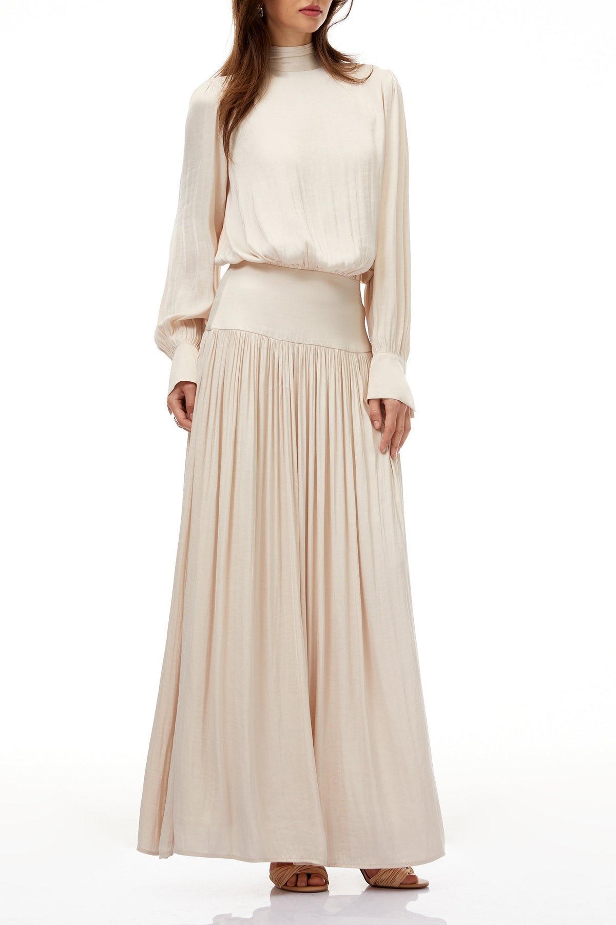 Valérie Neutral Self-Tie Pleated Maxi Dress