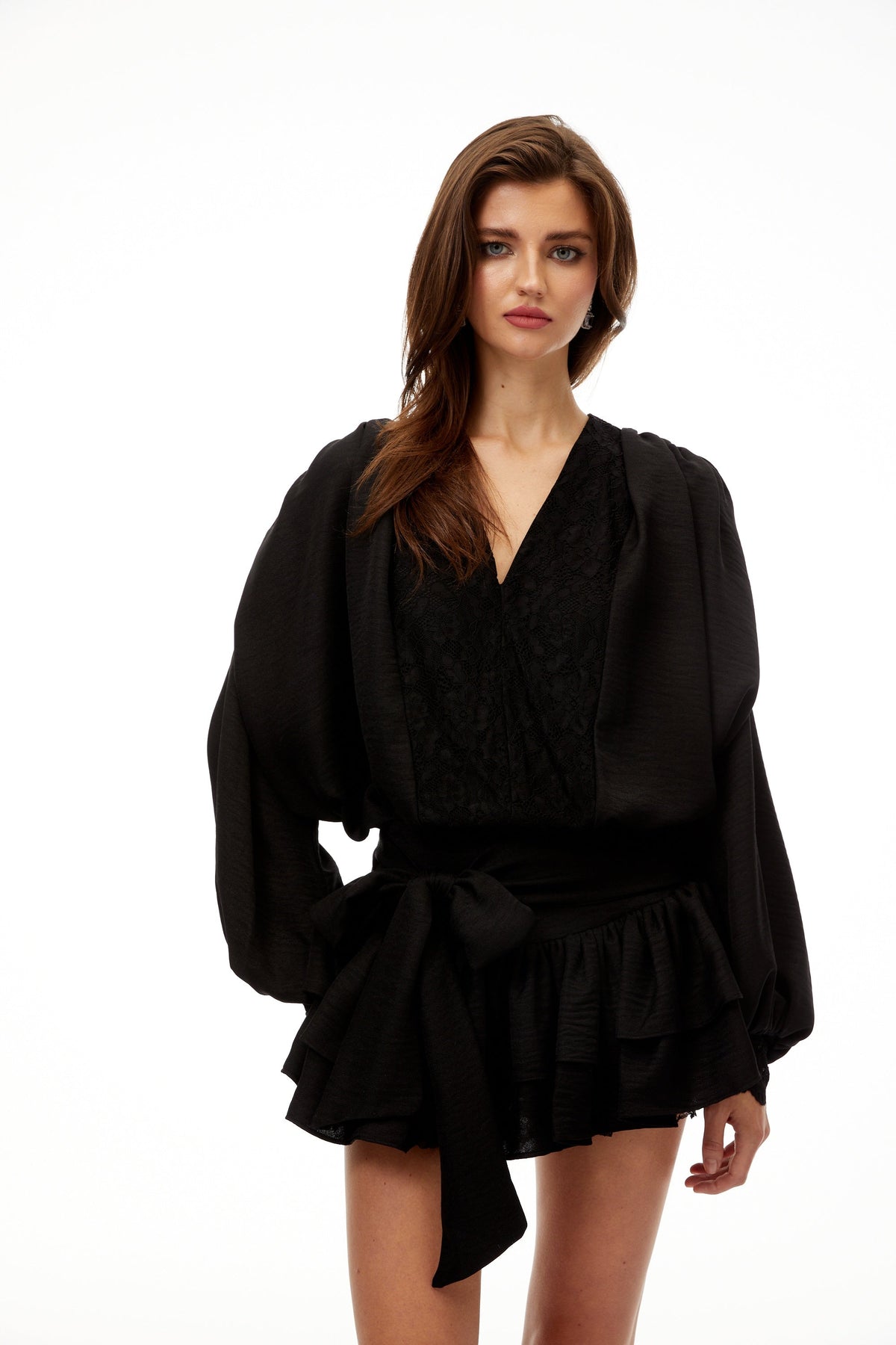Victoire Black Lace Panel Blouse & Skirt Set