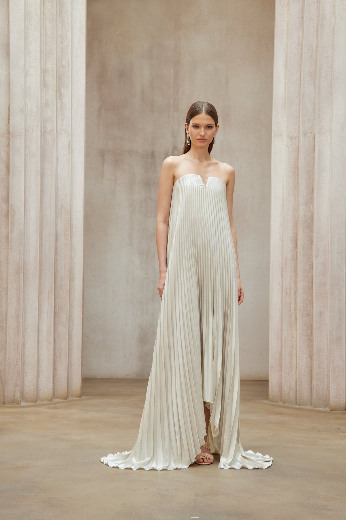 Satiné Gold Fully-pleated Maxi Dress