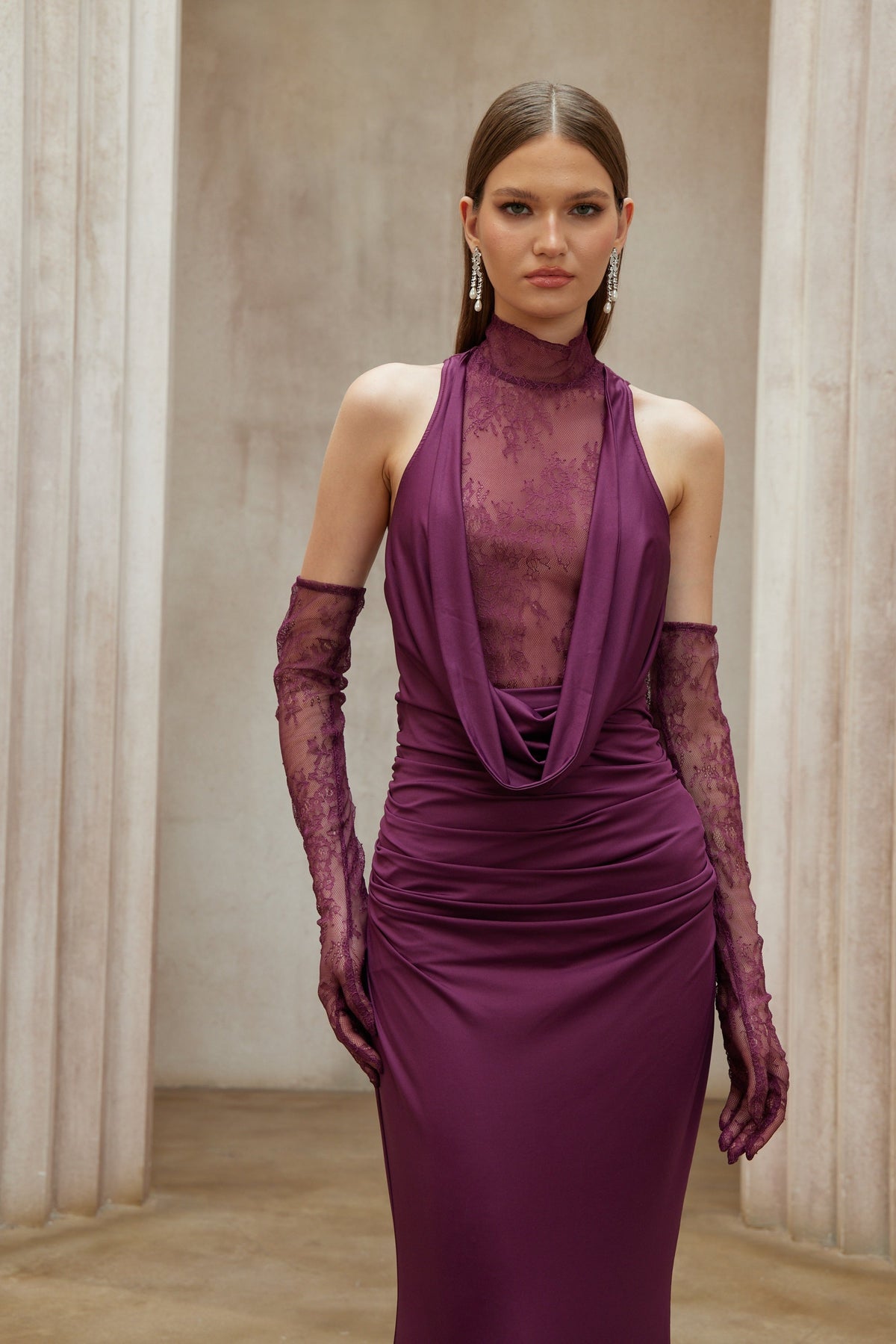 Borbála Magenta Lace Bodice Ruched Maxi Dress (Final Sale-US Only)