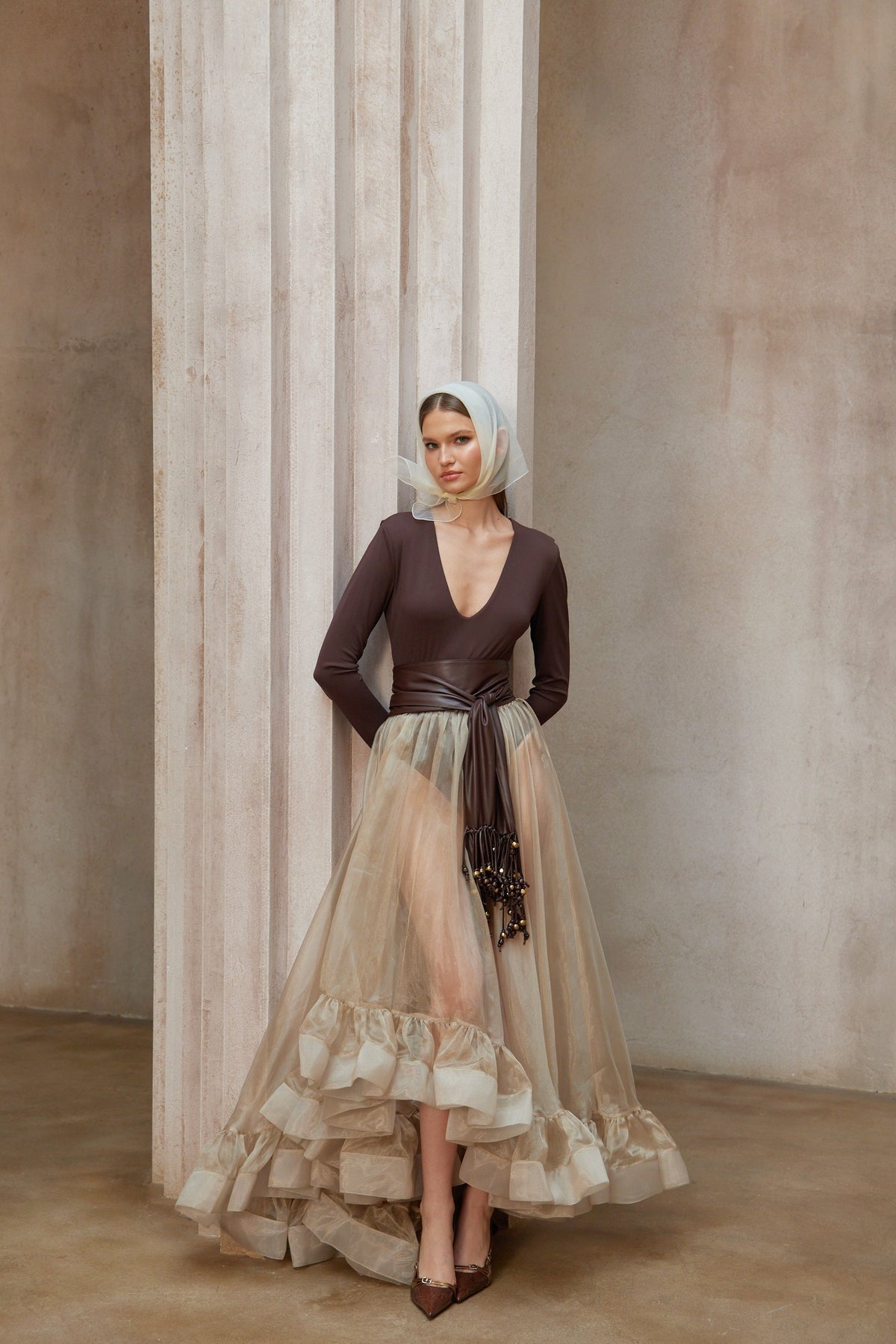 Paula Brown Belted Bodysuit & Organza Skirt Set