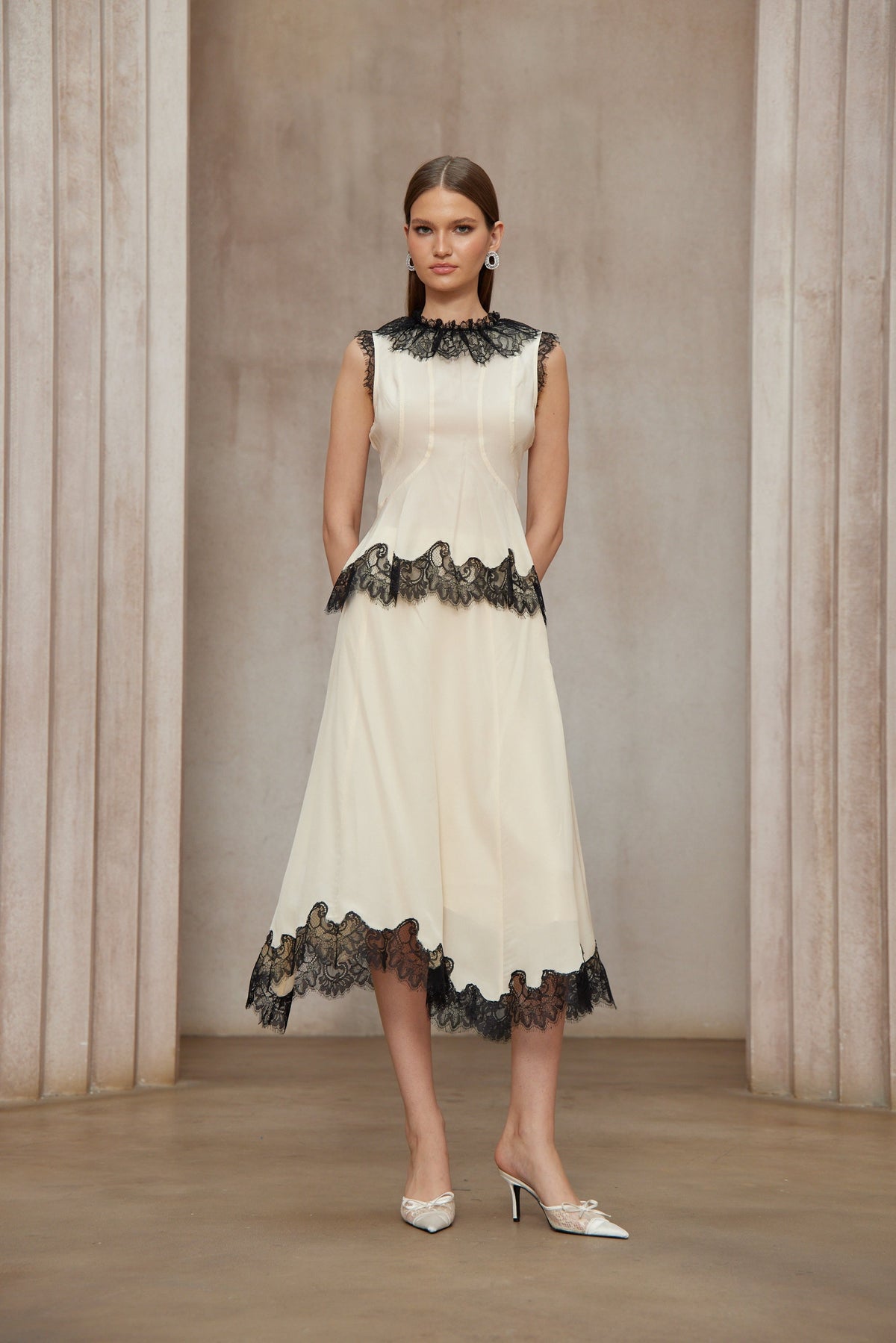 Zsófia Neutral Lace Panel Chiffon Top & Skirt Matching Set