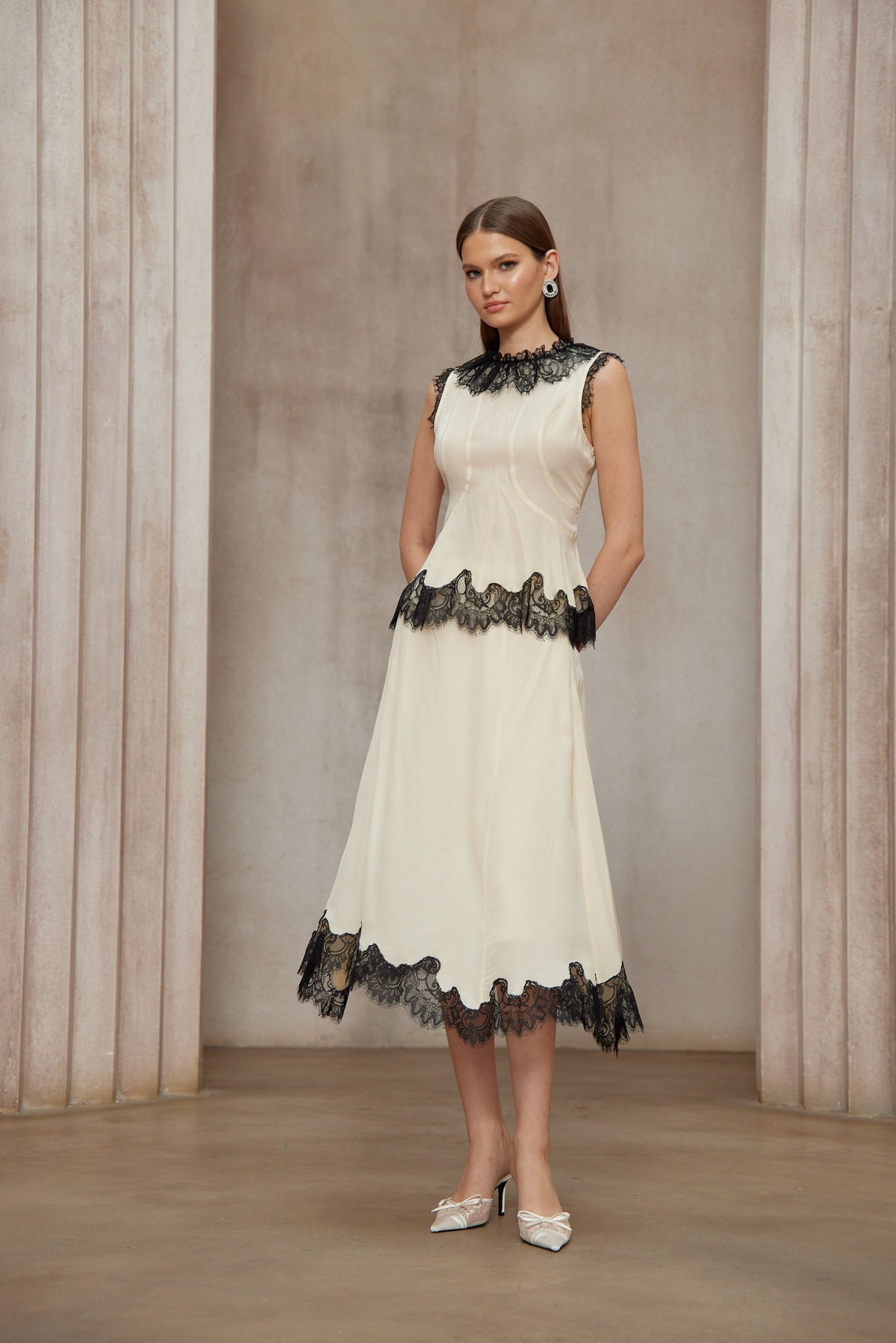 Zsófia Neutral Lace Panel Chiffon Top & Skirt Matching Set